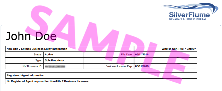 This screenshot is an example of the Nevada State Business License from the SilverFlume website