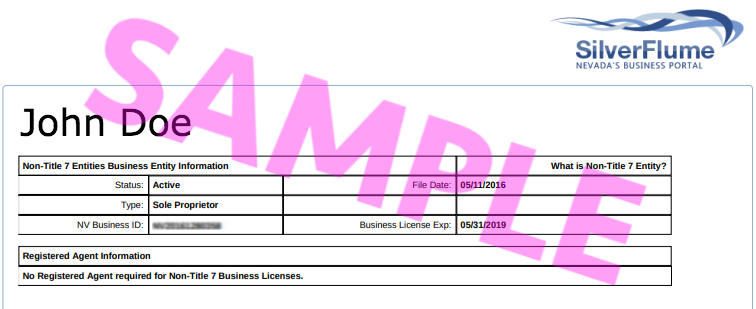 Esta captura de pantalla es un ejemplo de la licencia de actividad comercial del estado de Nevada del sitio web de SilverFlume