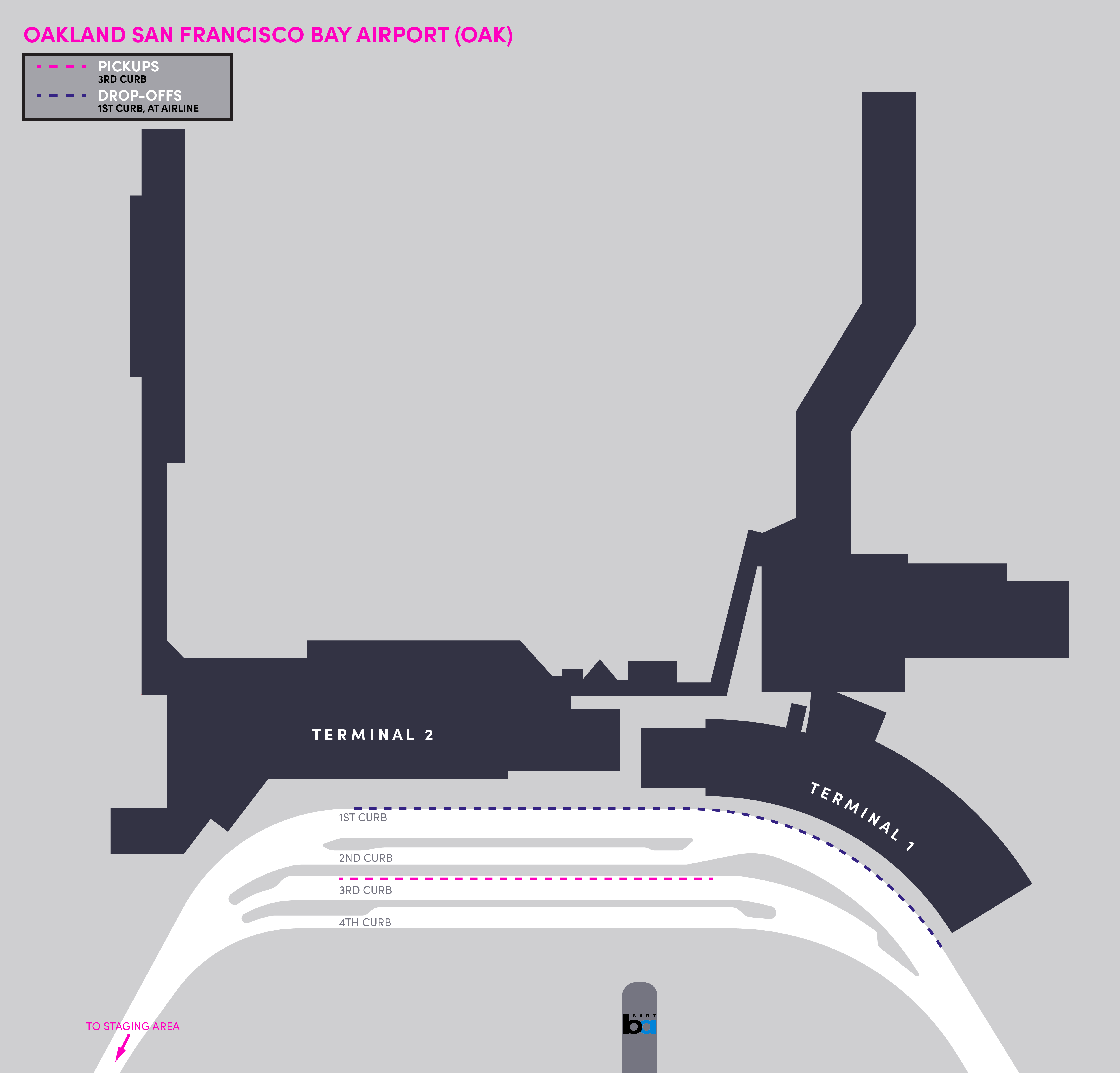 Map of pickups and drop-offs at Oakland International Airport