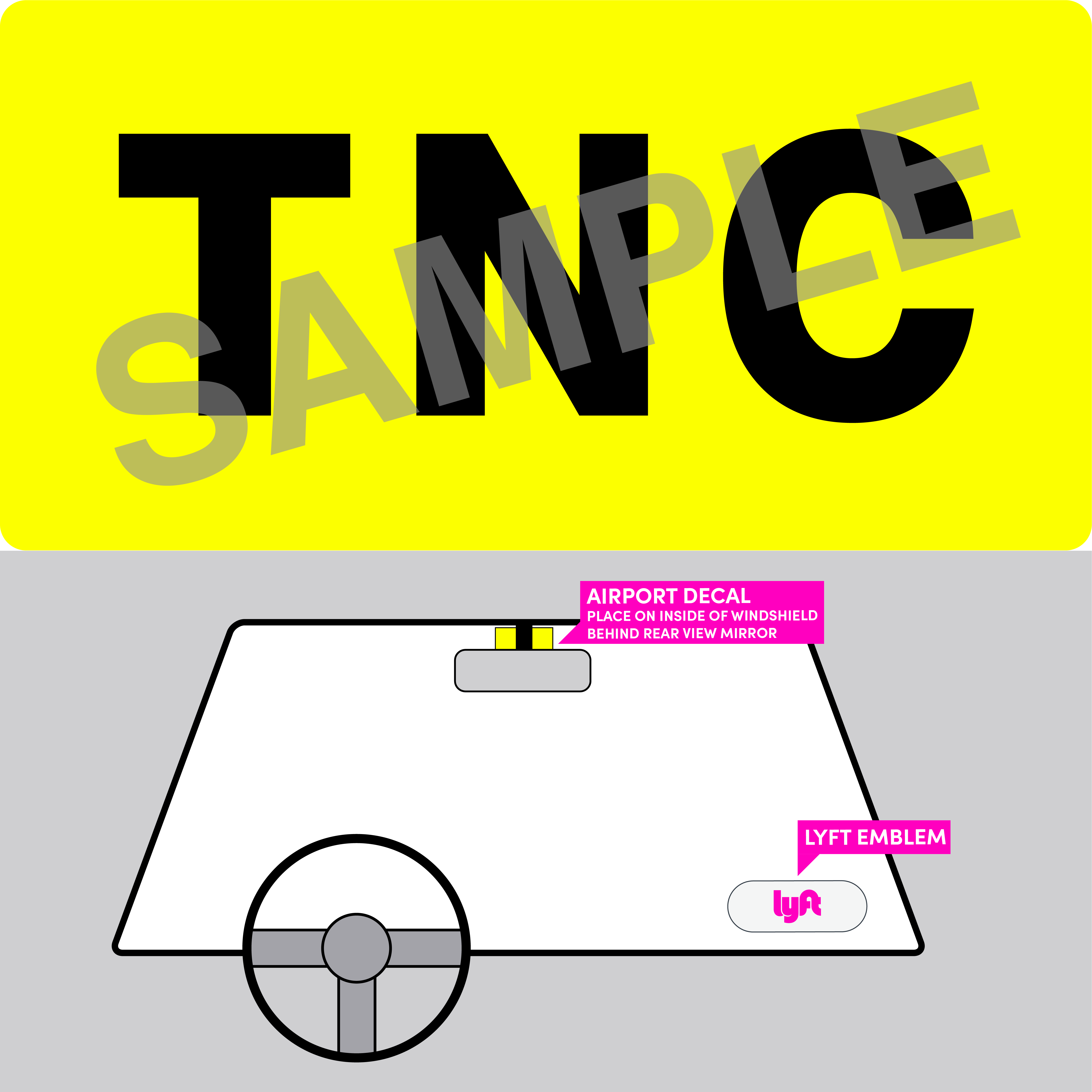 Este es un ejemplo de la calcomanía MSP TNC y su colocación adecuada en el lado del pasajero de tu parabrisas.