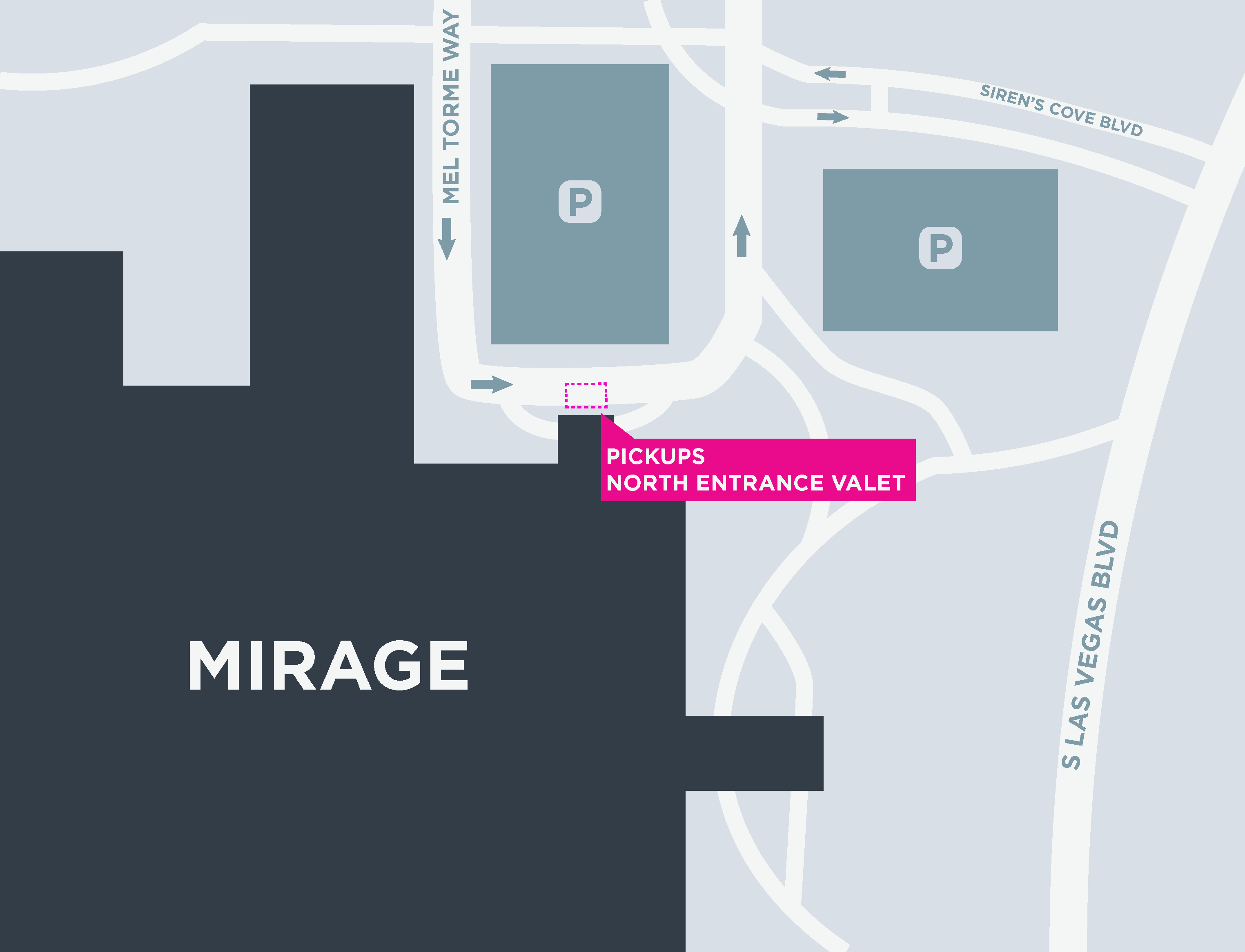 Mapa de las áreas para recoger y dejar pasajeros en Mirage, en Las Vegas.