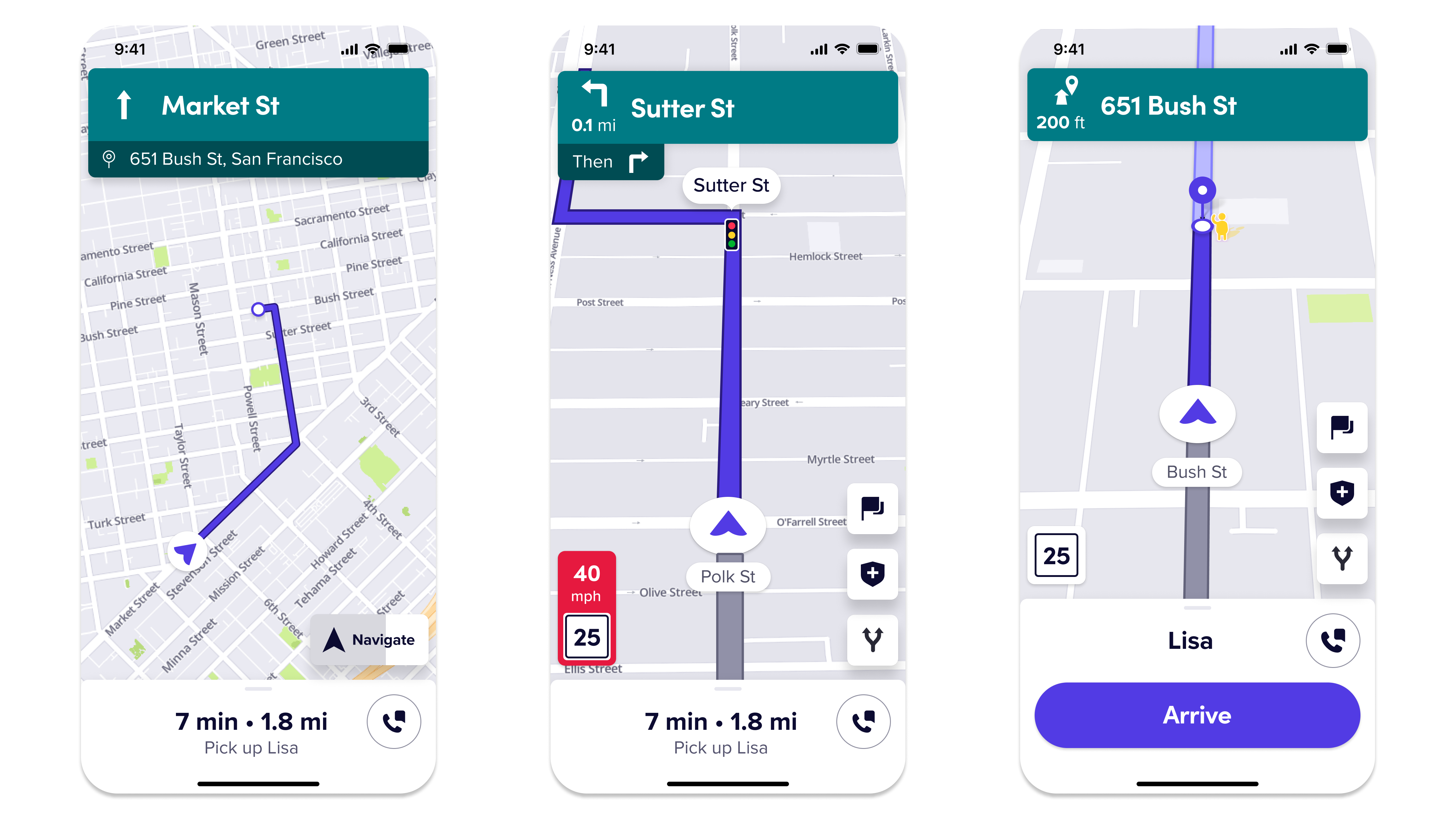 Esta imagen muestra cómo sería una descripción general de la ruta, las instrucciones paso a paso y el enfoque de la partida en Lyft Maps utilizando tu app.