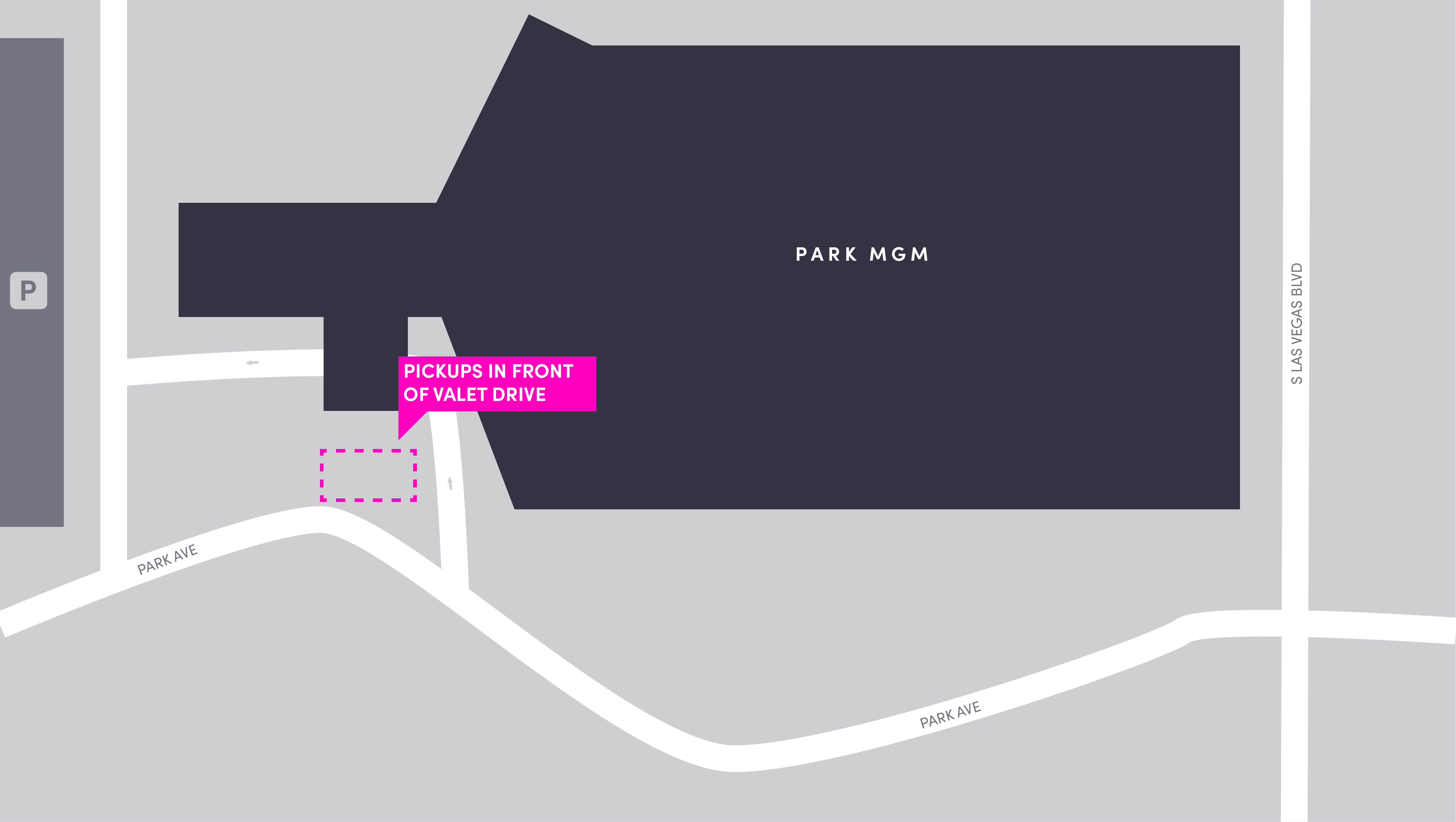 Mapa de las áreas para recoger y dejar pasajeros en Park MGM (antes, Monte Carlo), en Las Vegas.