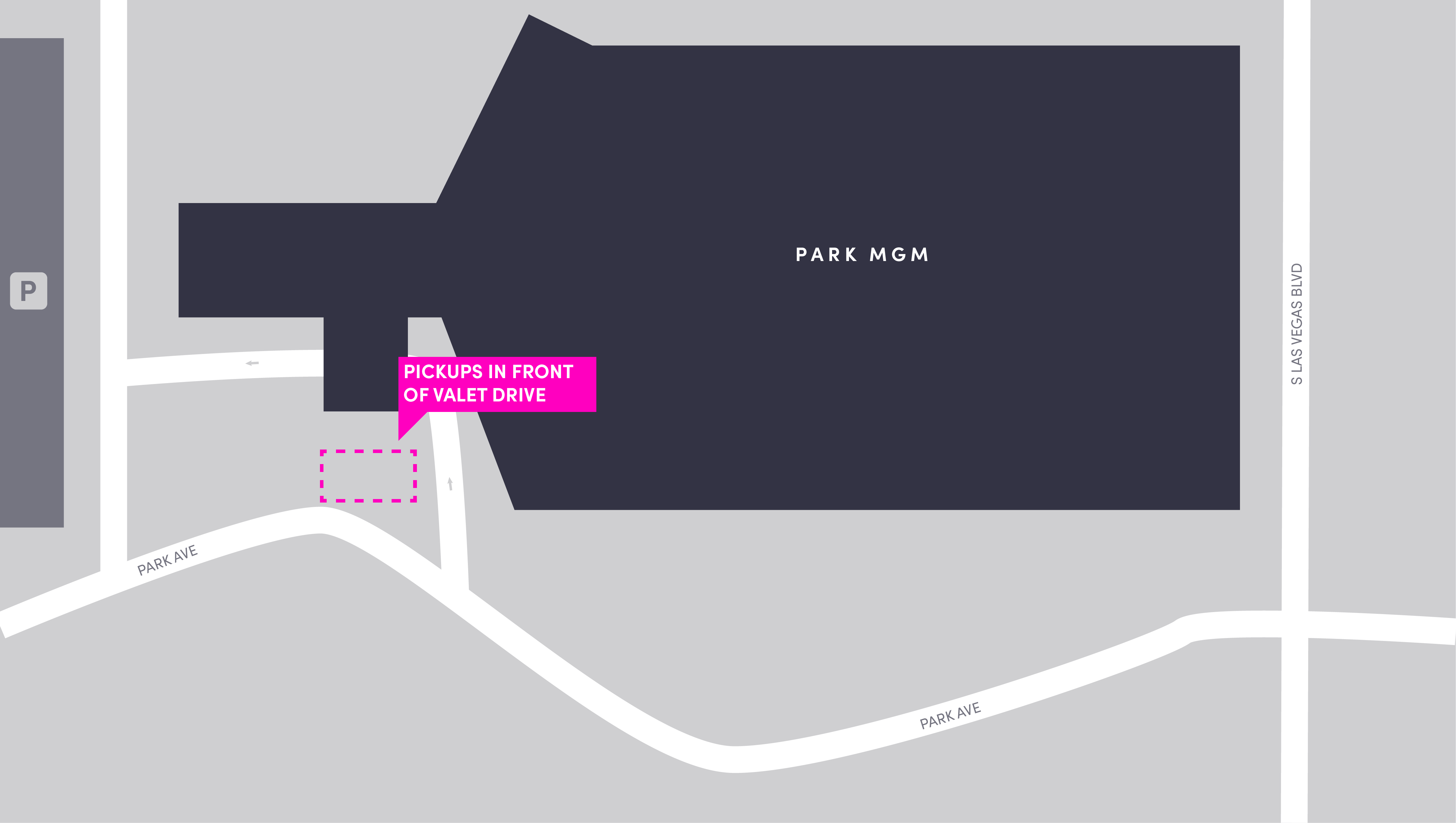 Map of pickup and drop-off areas at Park MGM (formerly Monte Carlo) in Las Vegas.