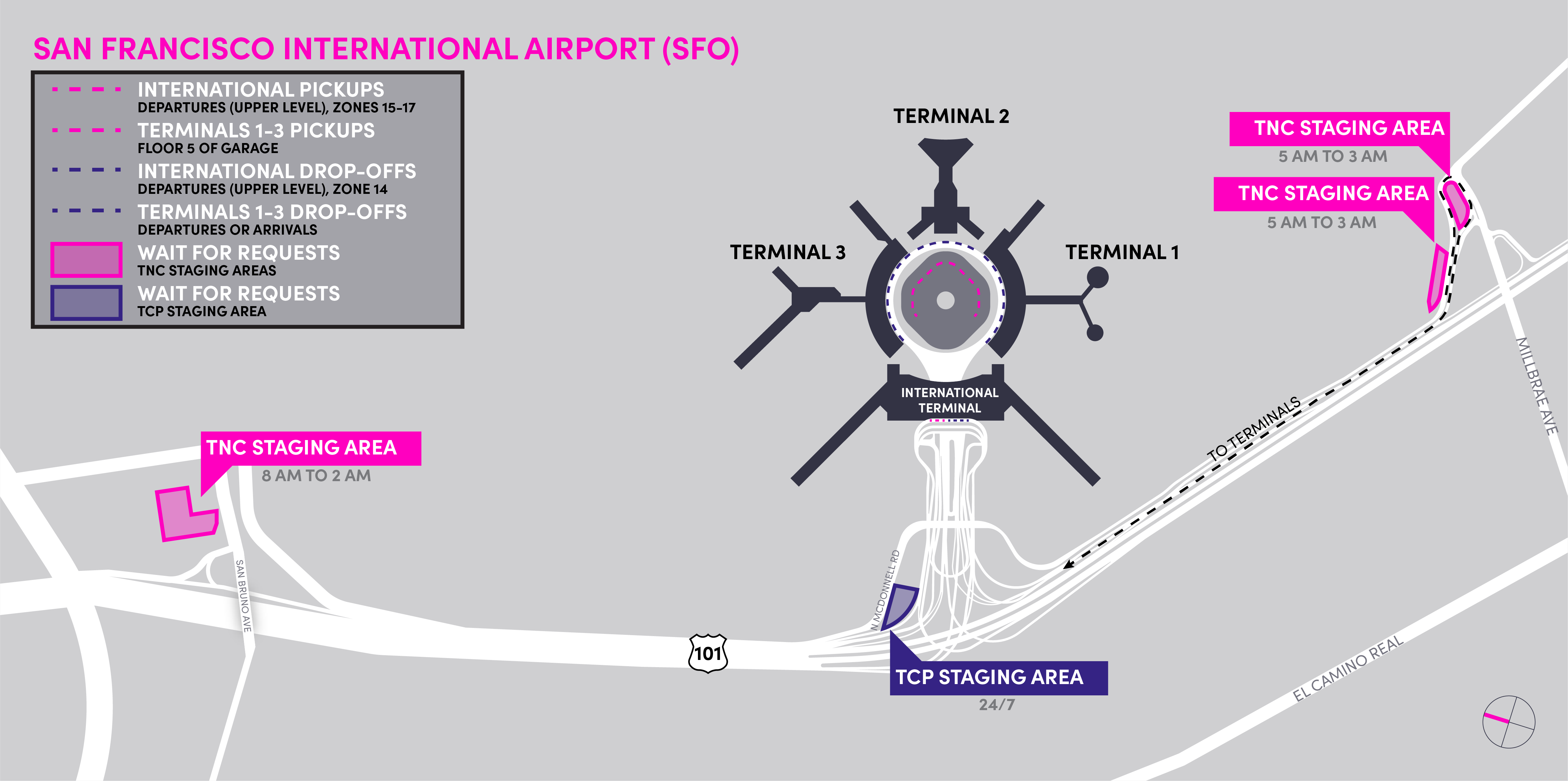 Carte des zones d'attente TNC et TCP à l'aéroport international de San Francisco