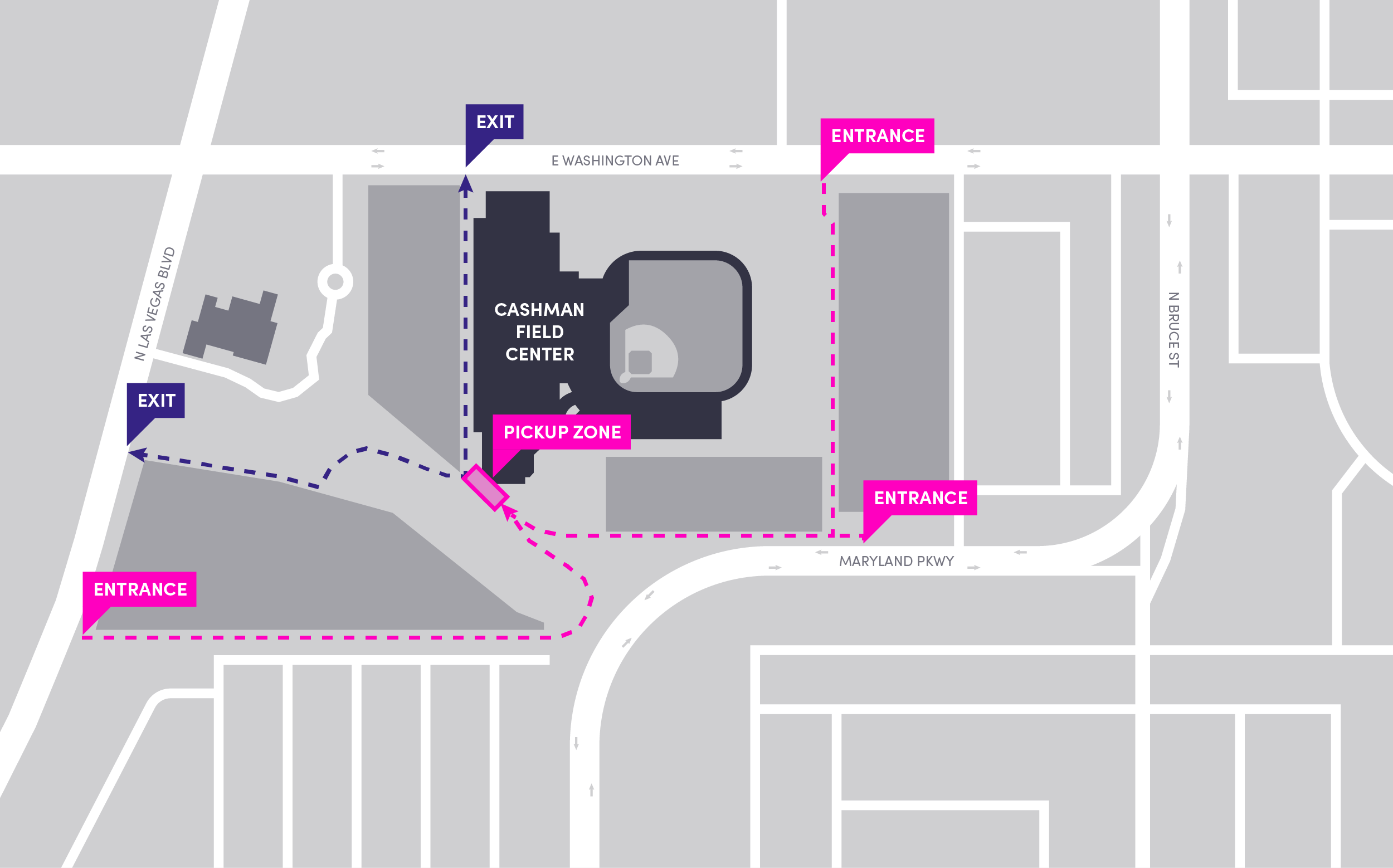 This image shows a map of the Cashman Field Center, including pickup and dropoff areas.