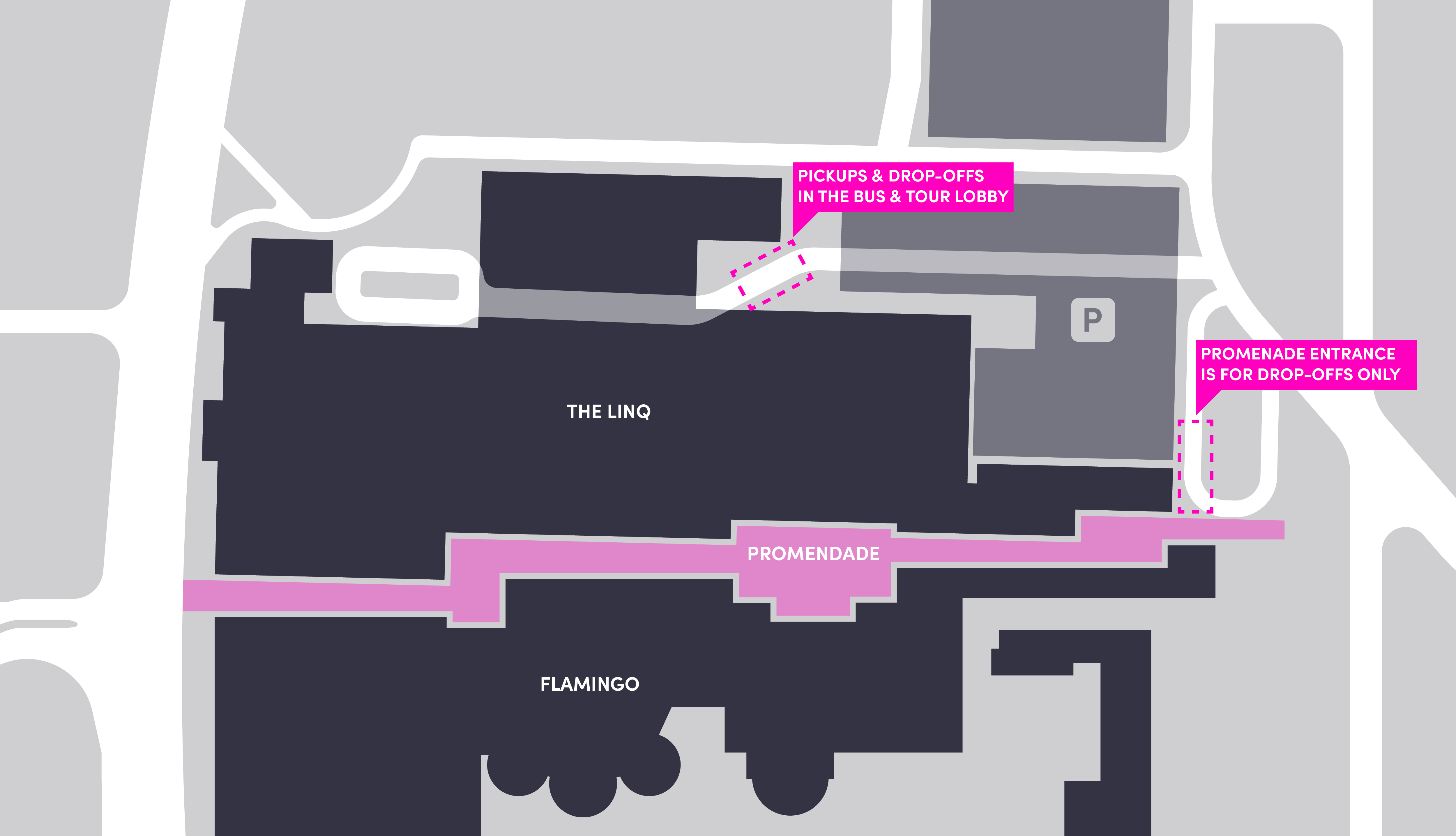 Map of the pickup and drop-off areas at the Linq in Las Vegas.