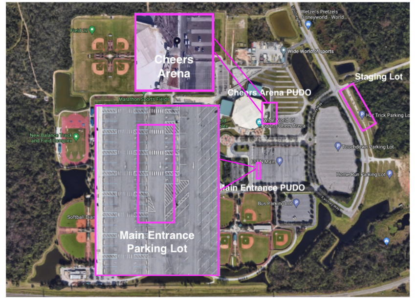Map of the staging areas and pickup/drop-off locations at Disney's ESPN Wide World of Sports.