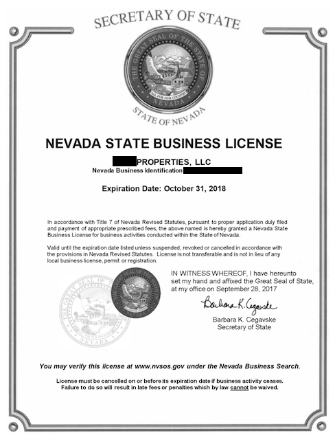 Esta imagem mostra um exemplo de um alvará de funcionamento do Estado de Nevada