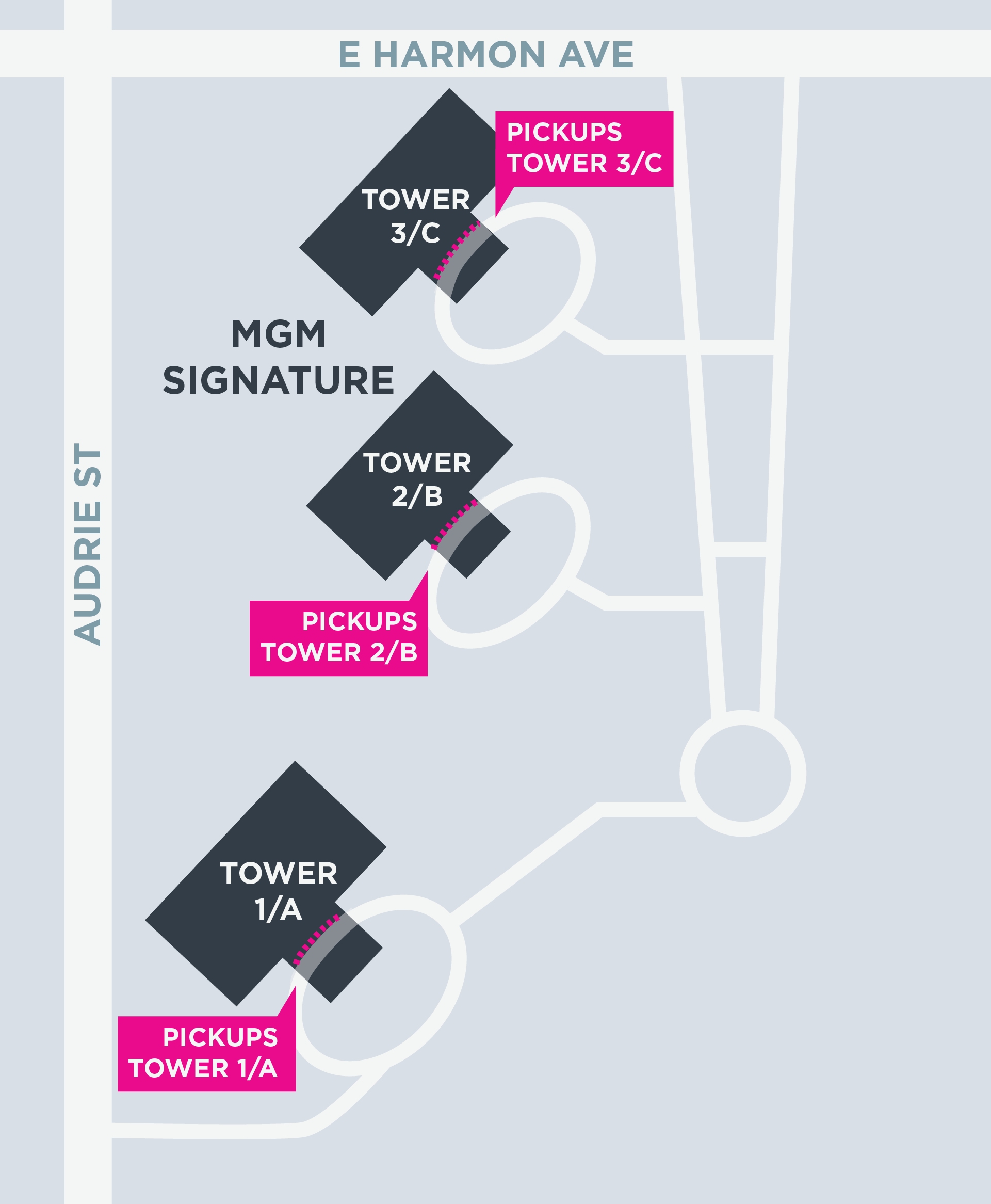 Mapa de las áreas para recoger y dejar pasajeros en MGM Signature, en Las Vegas.