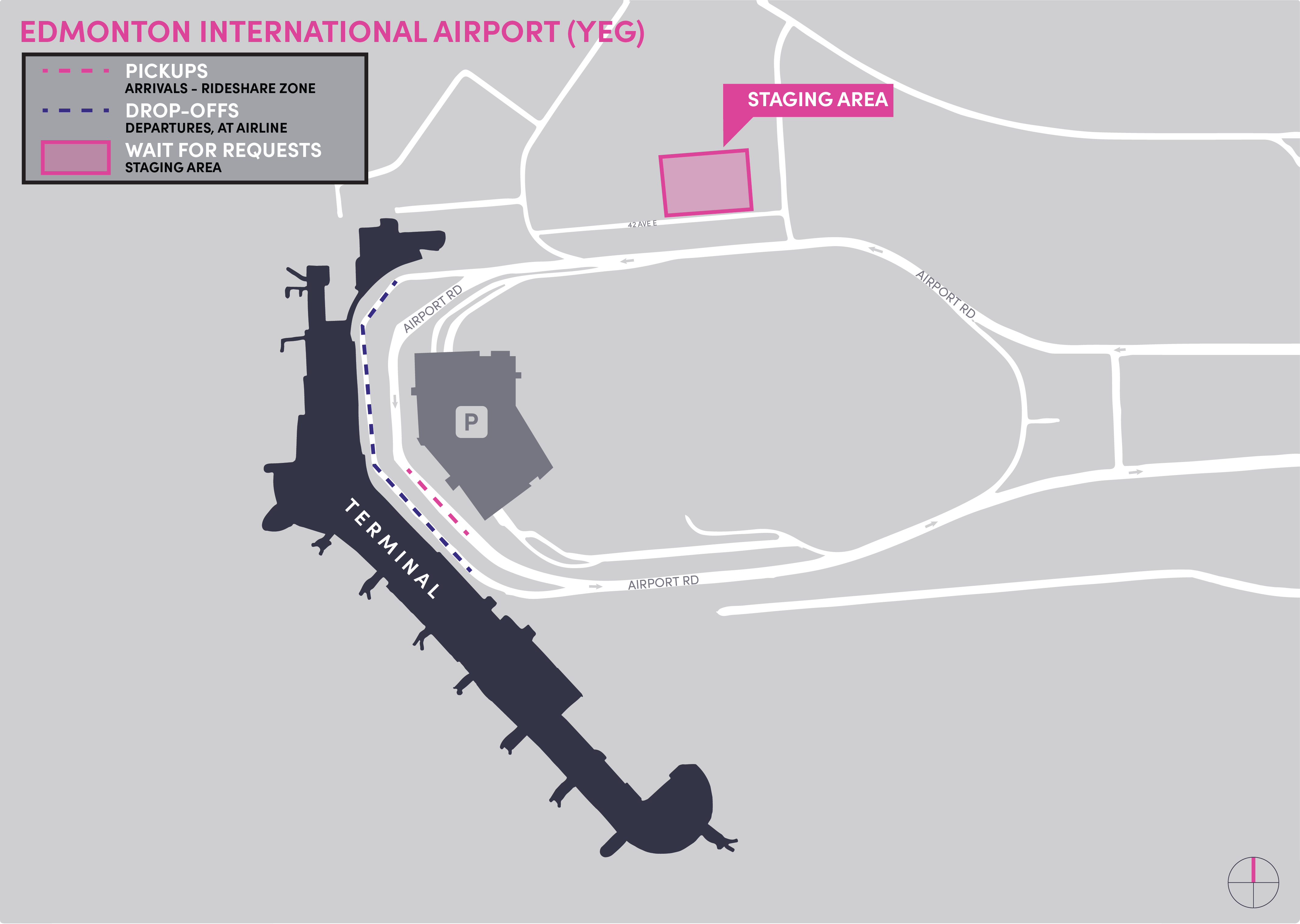 Map of Edmonton International Airport showing the staging area, pickup and drop-off zones.