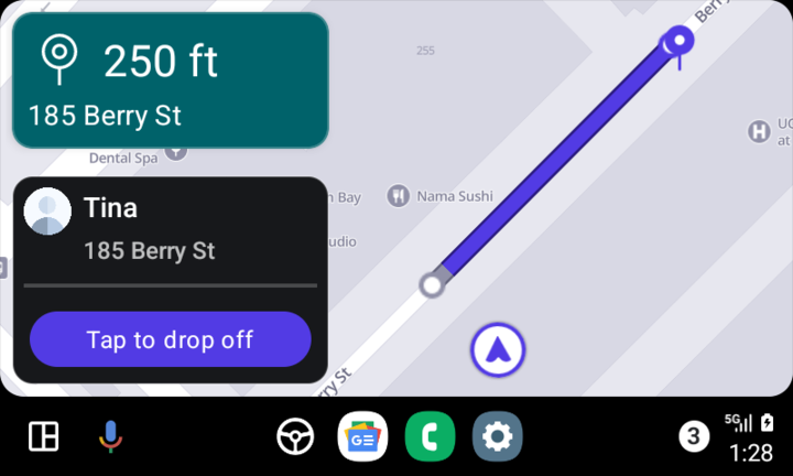Esta imagem mostra o visual do Mapa Lyft pelo Android Auto.