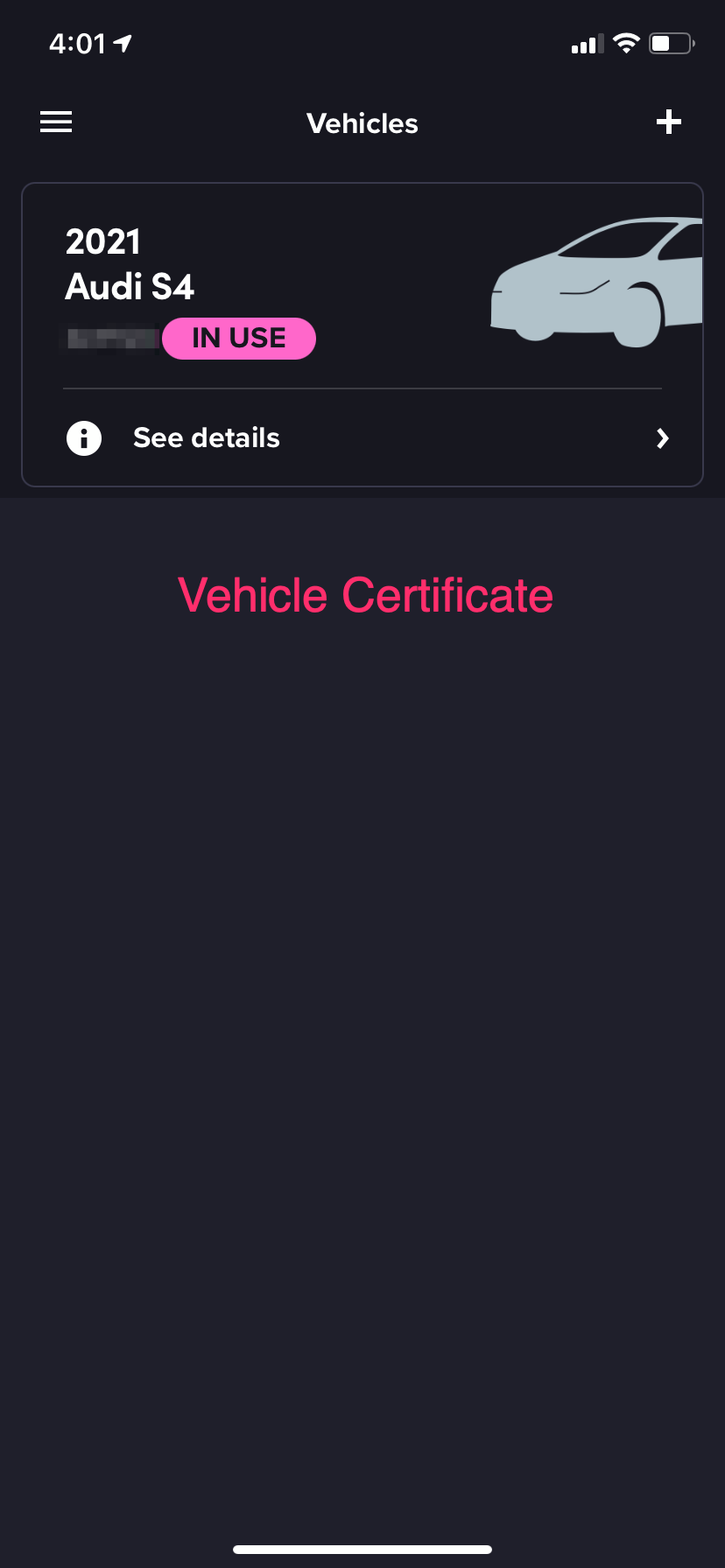 Image du certificat du véhicule dans l’appli Chauffeur.