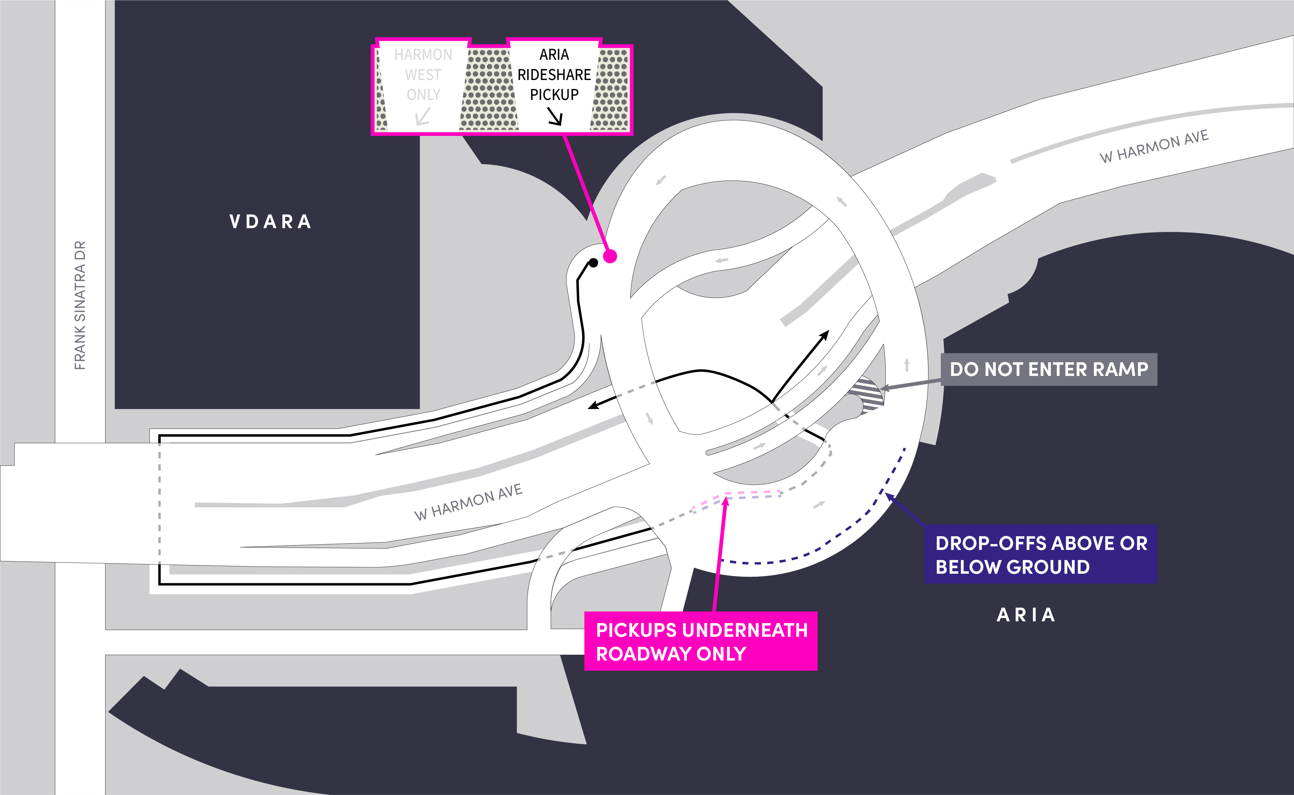 Esta imagen muestra un mapa de Aria, incluidas las áreas para recoger y dejar pasajeros.