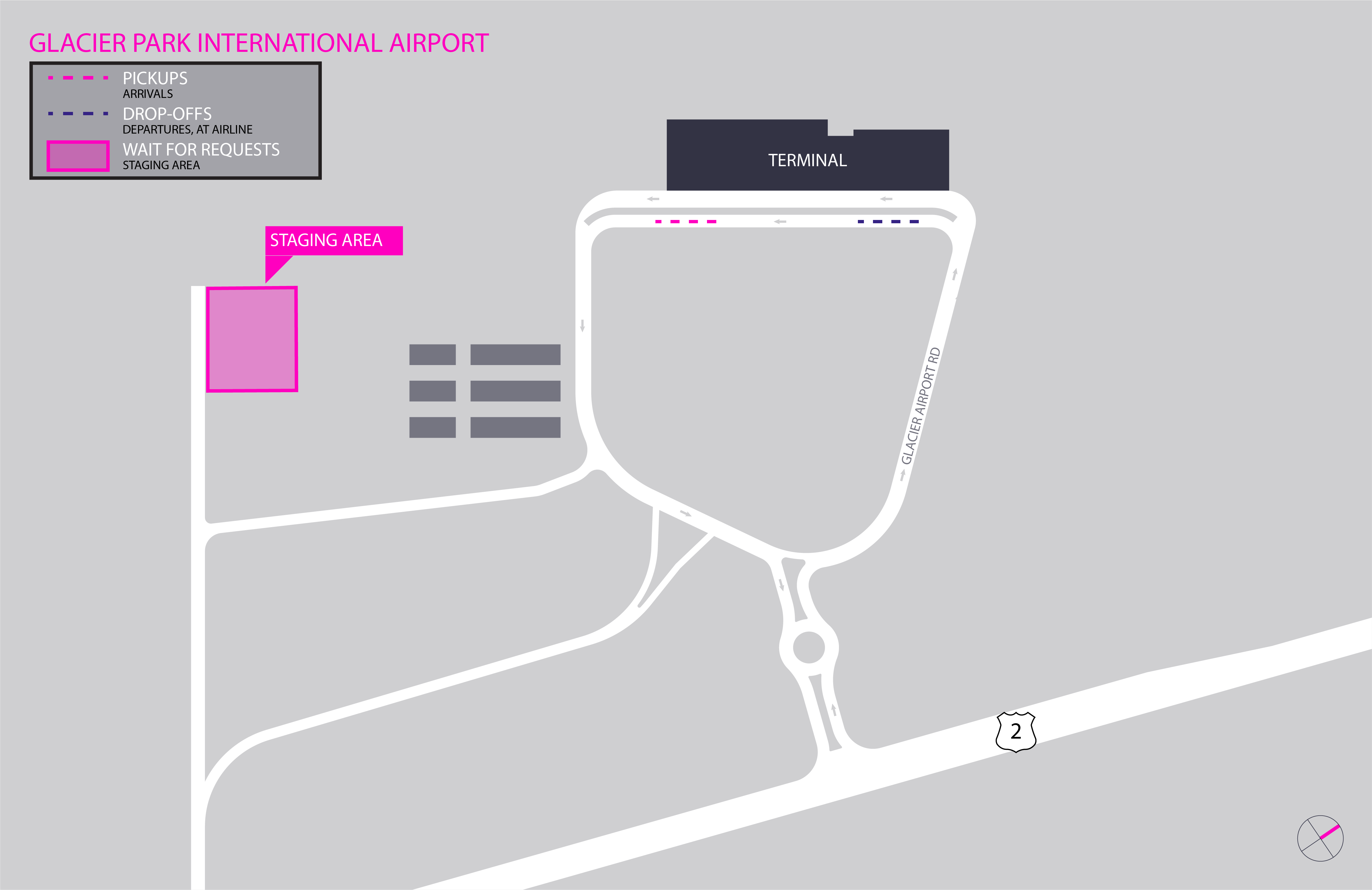 Map of temporary staging lot at Glacier Park International Airport (FCA) in Montana (MT)