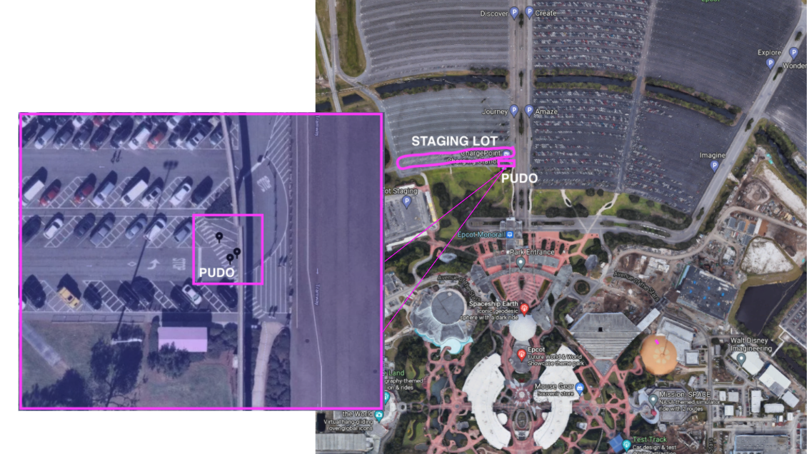 Map of the staging areas and pickup/drop-off locations at Disney's Epcot.