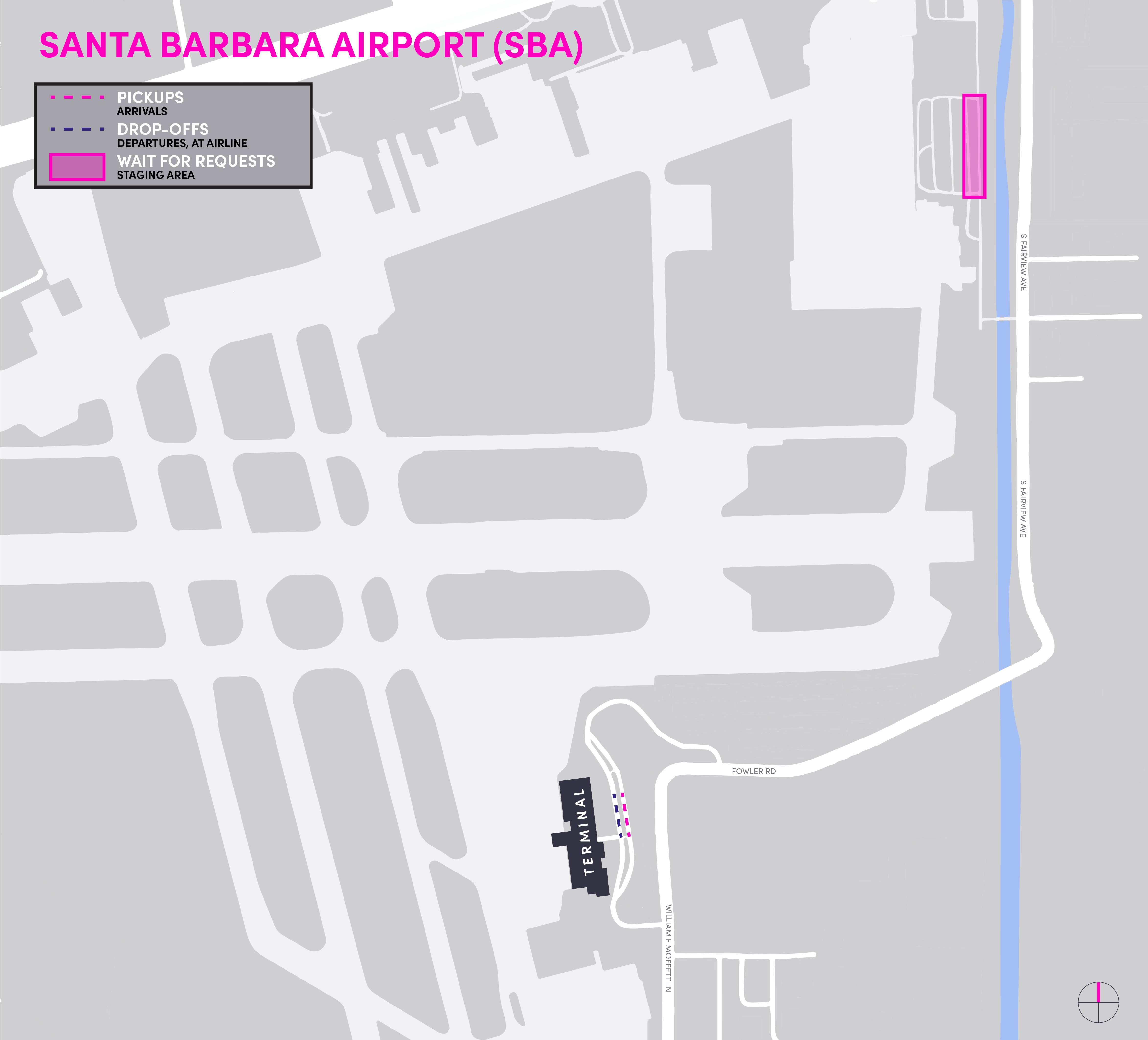 Cette image est une carte de l'aéroport SBA. Elle comprend les zones d'attente, de départ et d'arrivée.