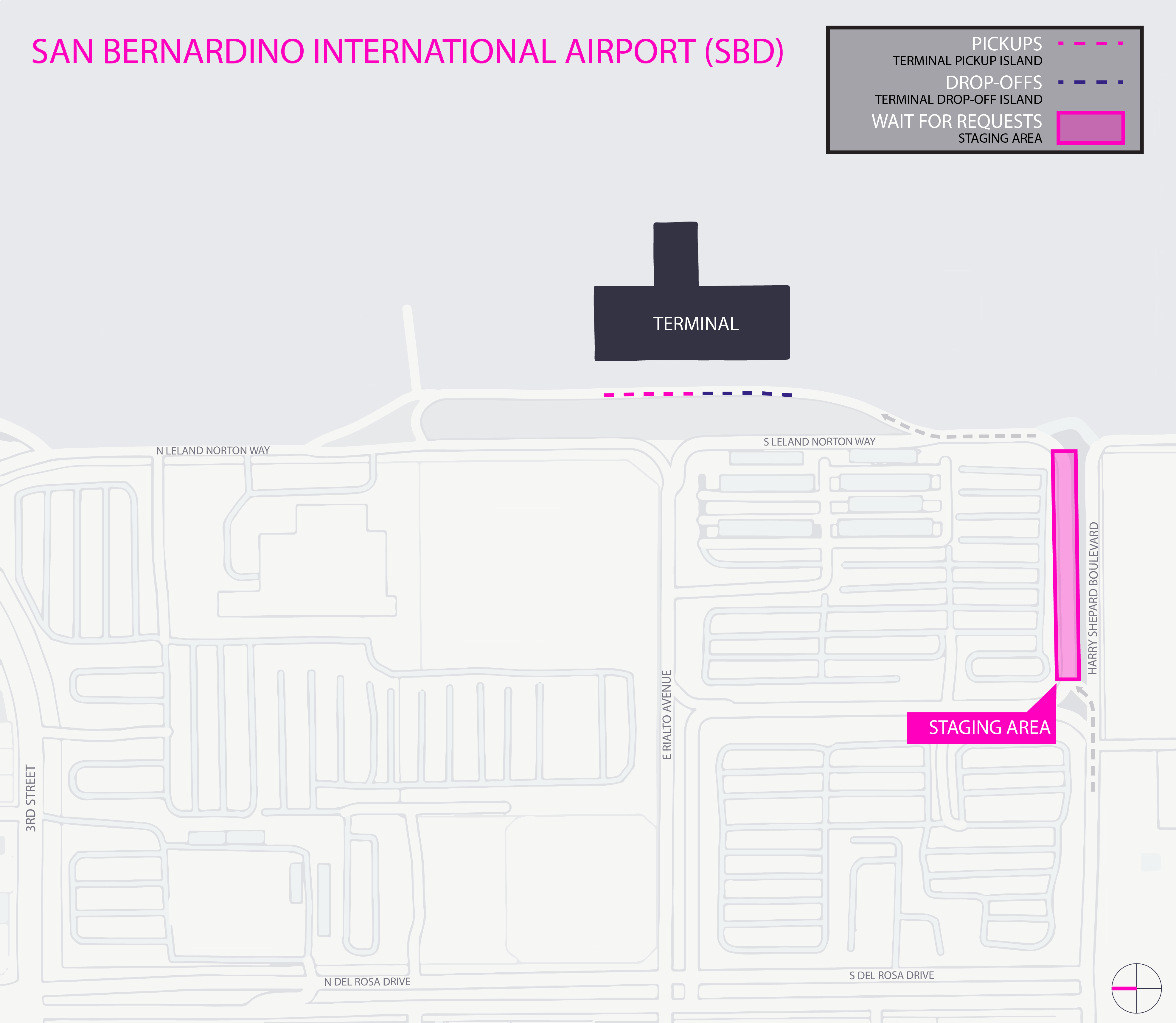 Indica dónde los conductores pueden dejar y recoger a los pasajeros en el aeropuerto de San Berndardino en California.