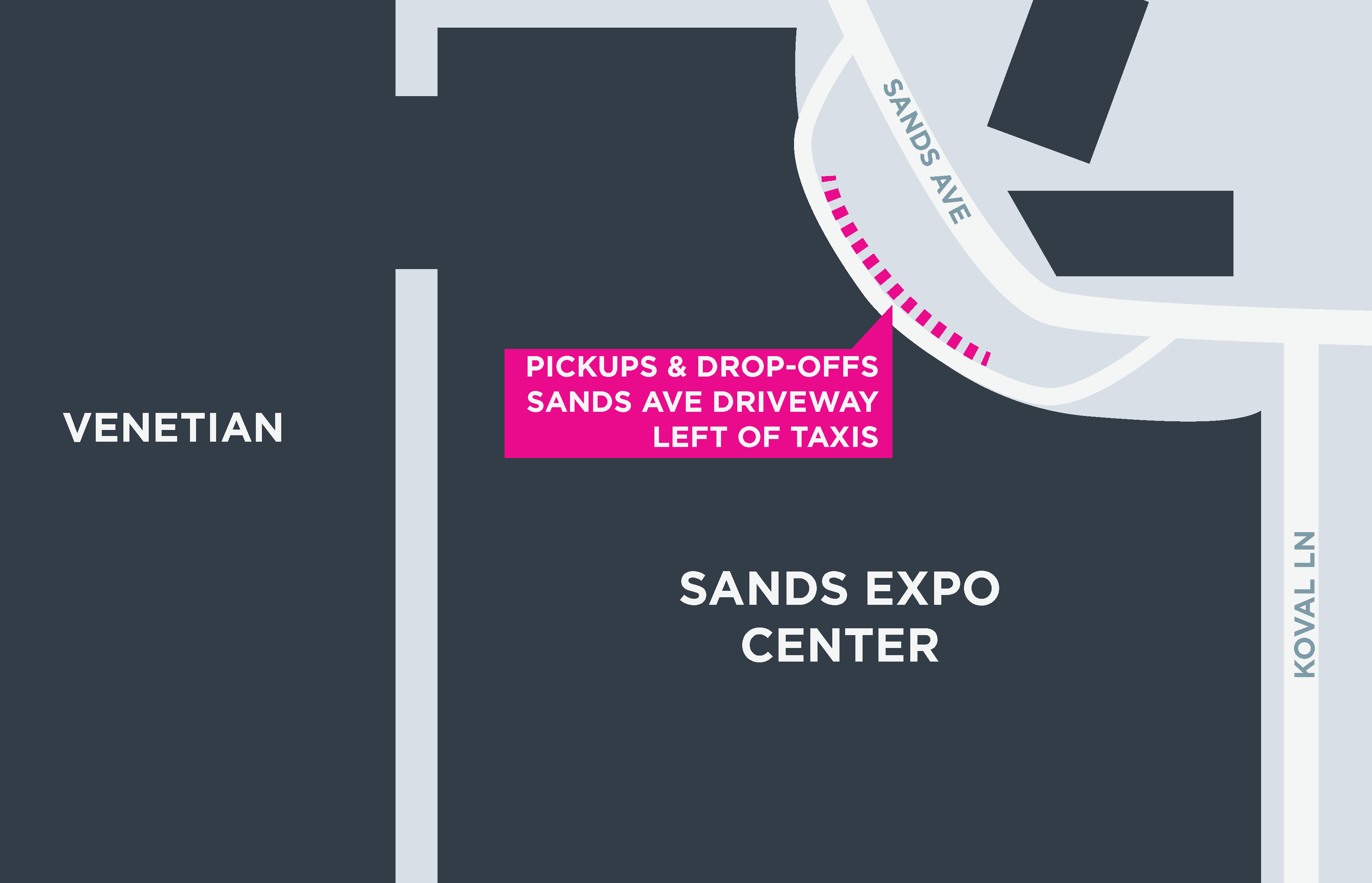 Esta imagen muestra un mapa de Sands Expo, incluidas las áreas para recoger y dejar pasajeros.