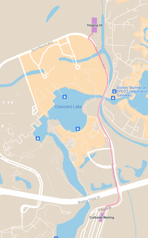 Carte de l'itinéraire pour se rendre de la zone d'attente à la zone de départs aux Hollywood Studios de Disney