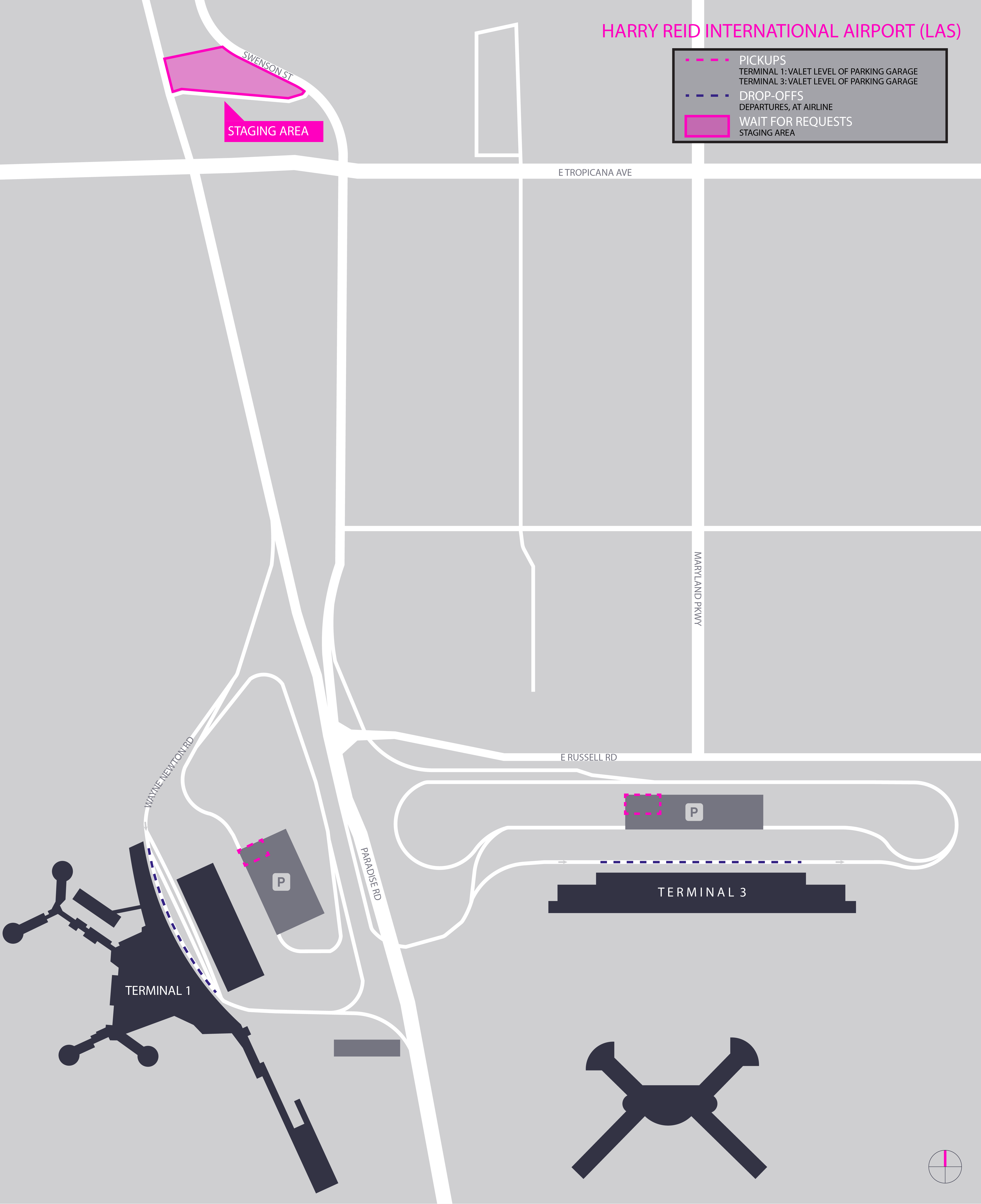 This image is a map of the LAS airport. It includes staging lot, pickup, and drop-off areas.