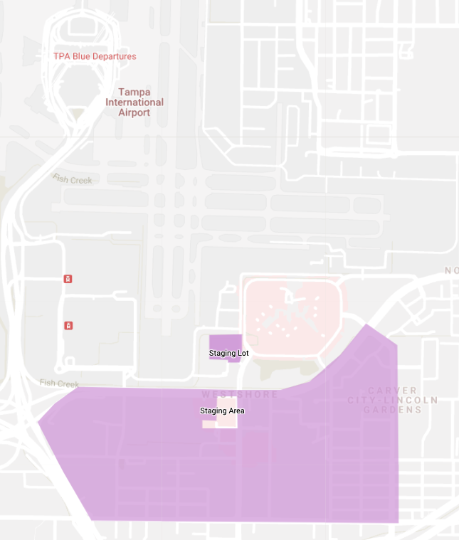 Esta imagem é um mapa do aeroporto TPA, incluindo a área de espera. Ela inclui o local de espera, ponto de encontro e áreas de desembarque.