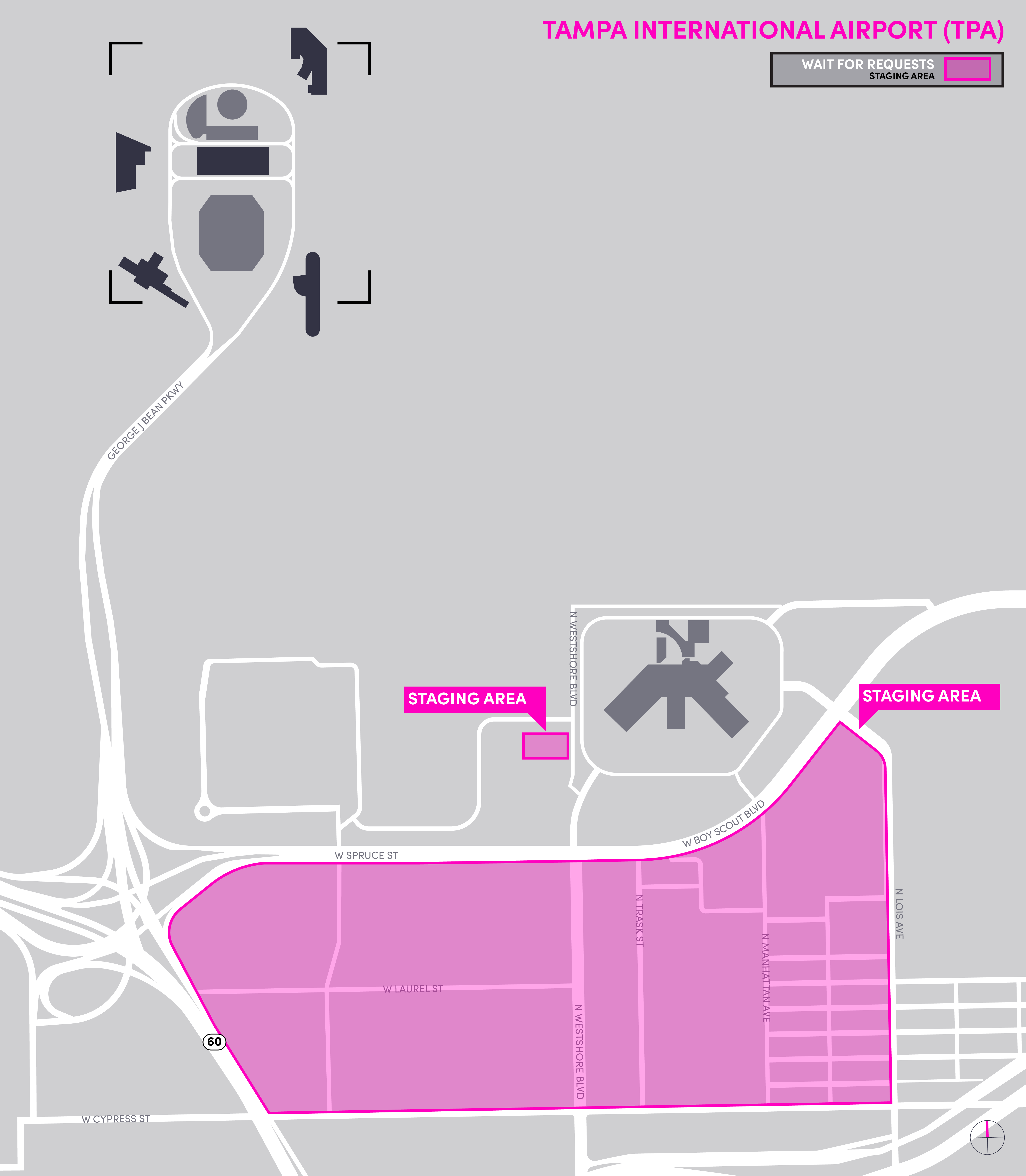 Esta imagen es un mapa del aeropuerto de TPA, incluida el área de espera. Incluye el área de espera, y las zonas para recoger y dejar pasajeros.