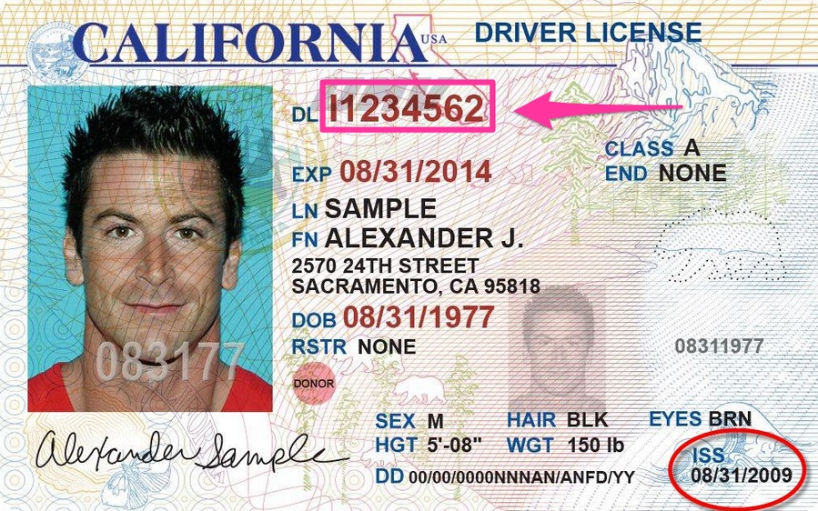 This image shows a  California (CA) Driver's License Example.