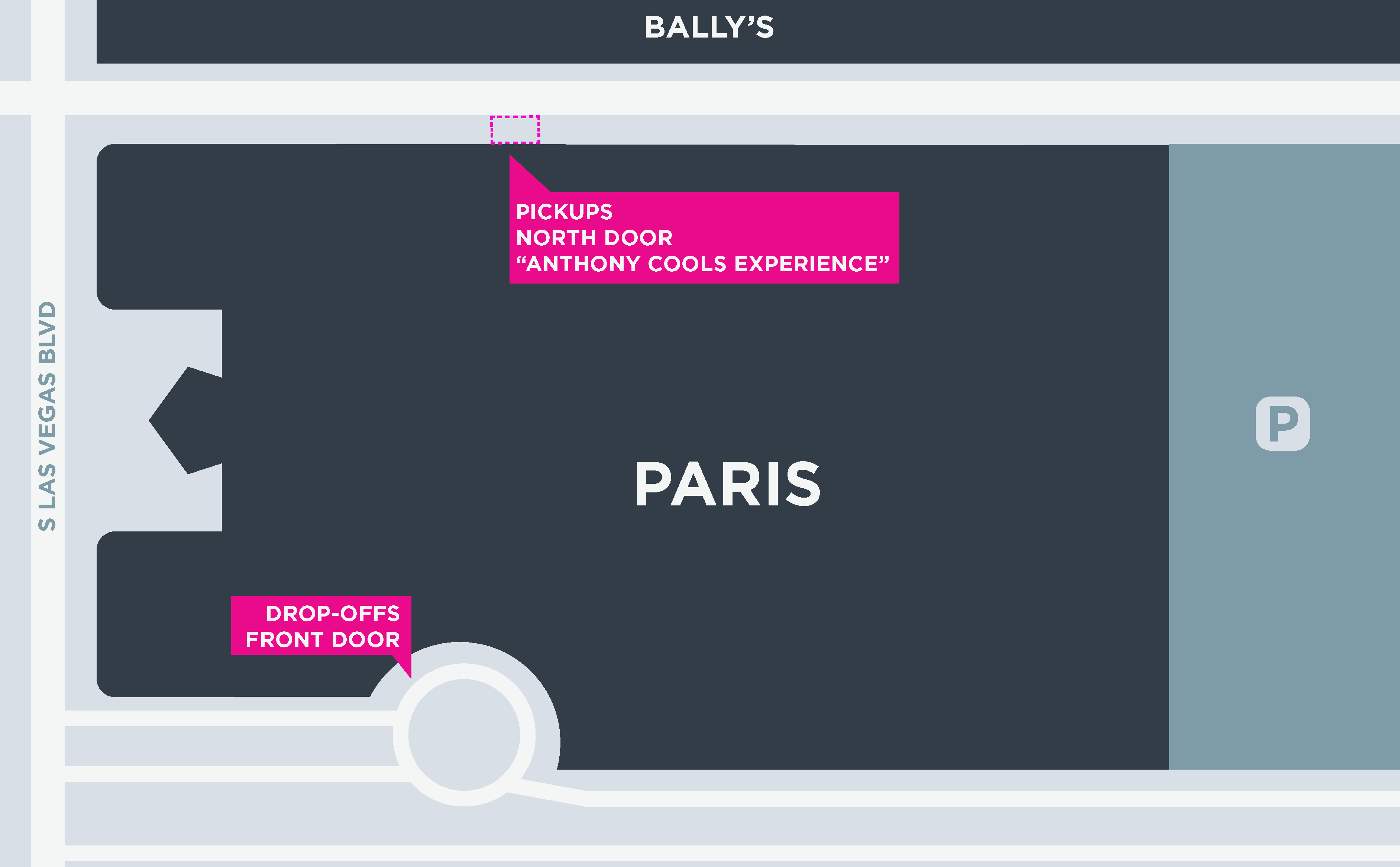 Map of pickup and drop-off areas at the Paris hotel in Las Vegas.