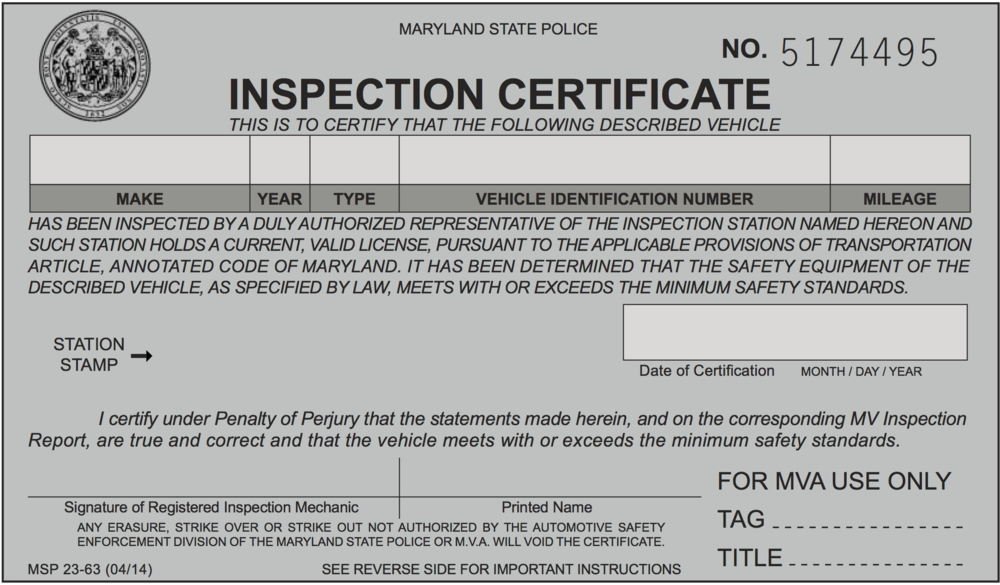 Esta imagen es un ejemplo de un certificado de inspección para Maryland