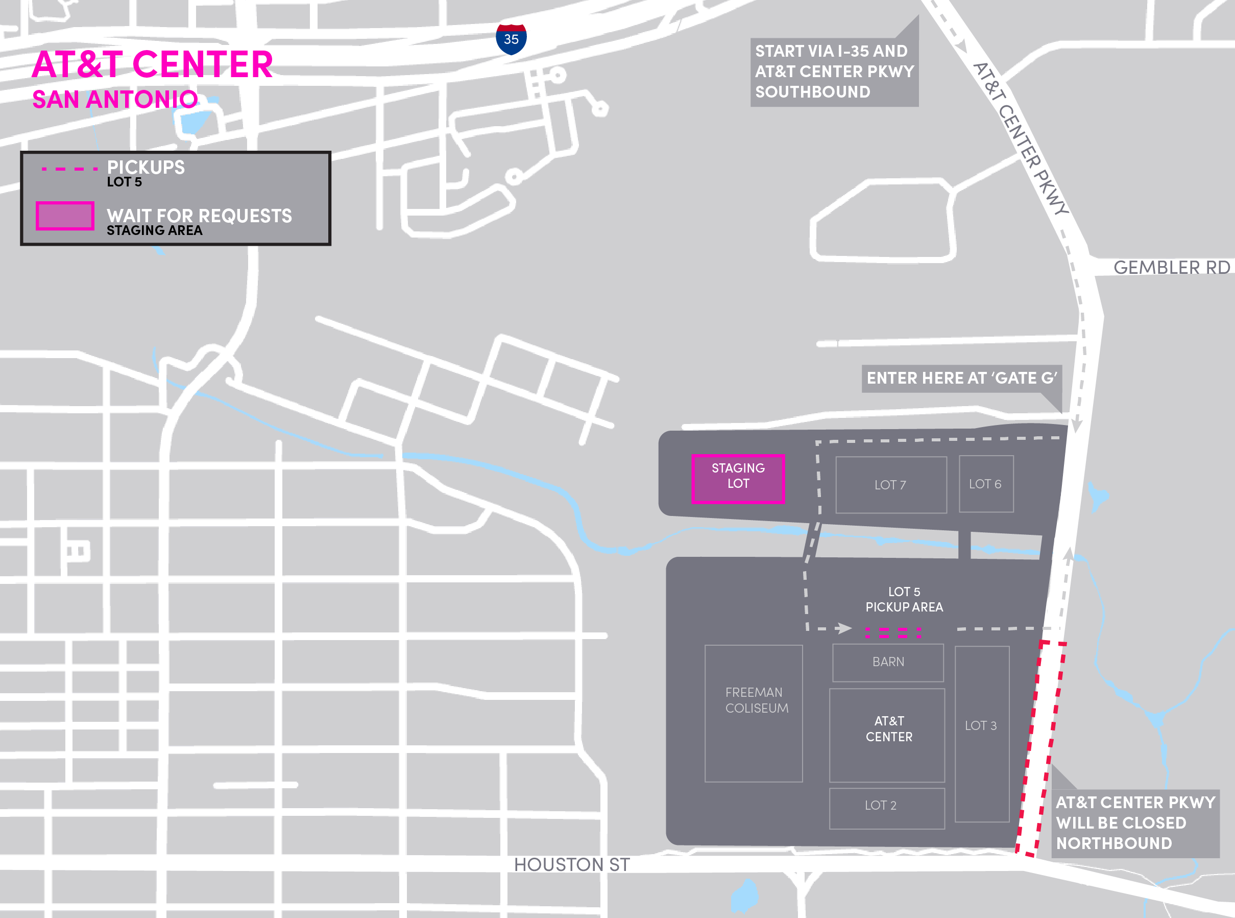 Mapa del AT&T Center en San Antonio, que detalla las ubicaciones de partida y las áreas de espera.
