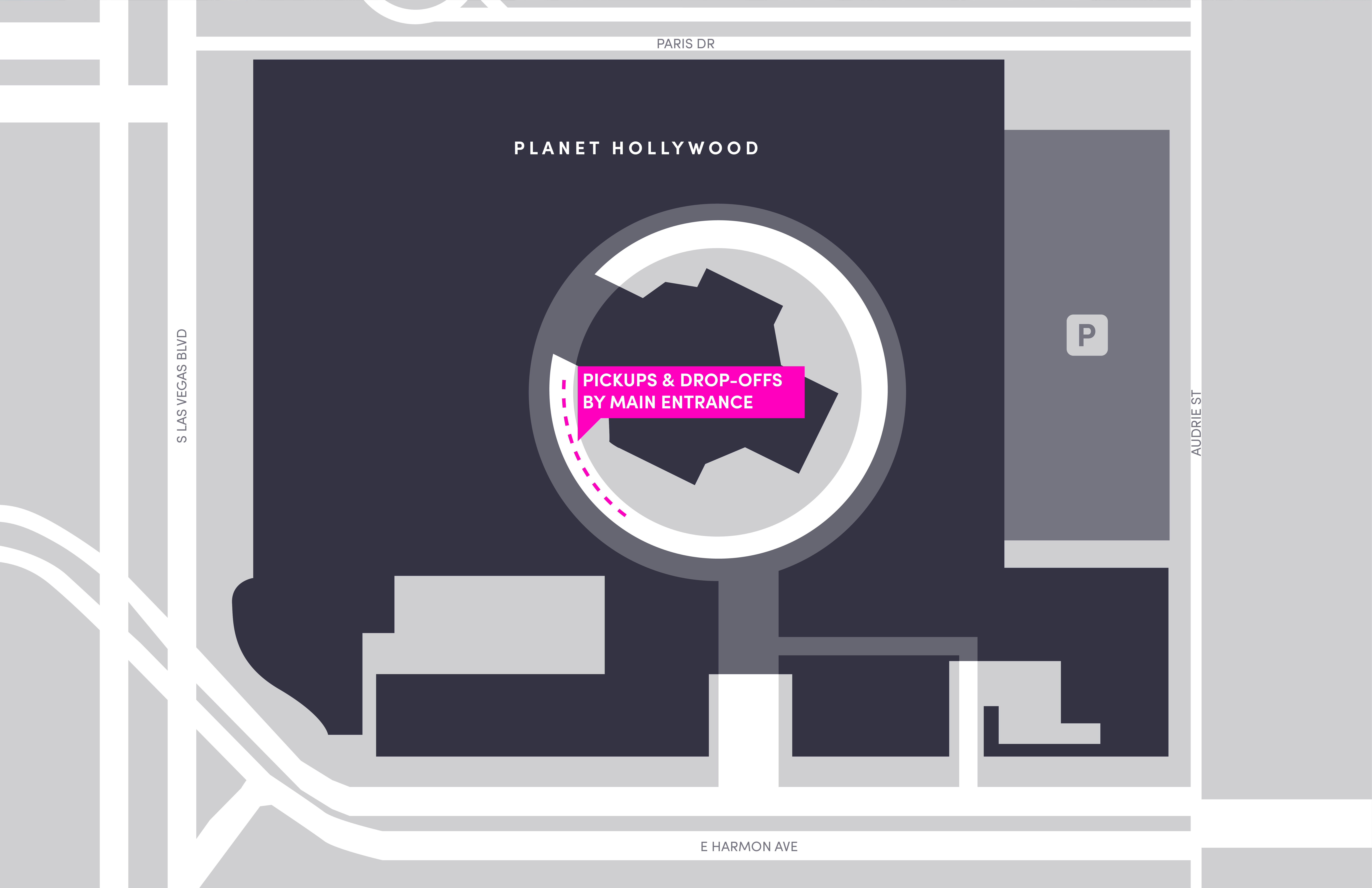 Mapa de las áreas para recoger y dejar pasajeros en Planet Hollywood en Las Vegas.