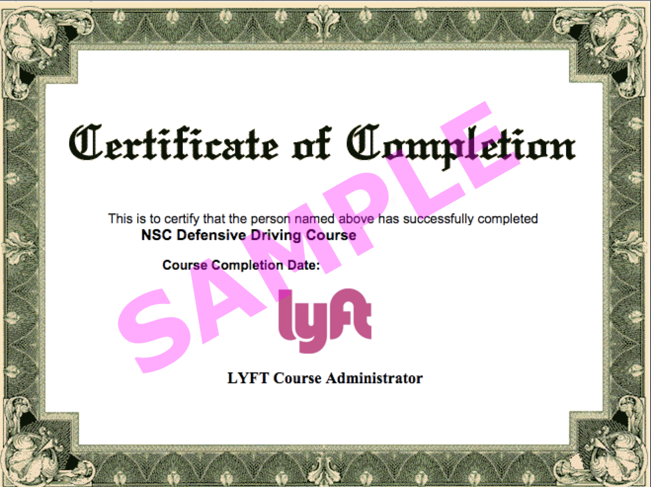 Provides an example of a NSC Defensive Driving Course Certificate of Completion.