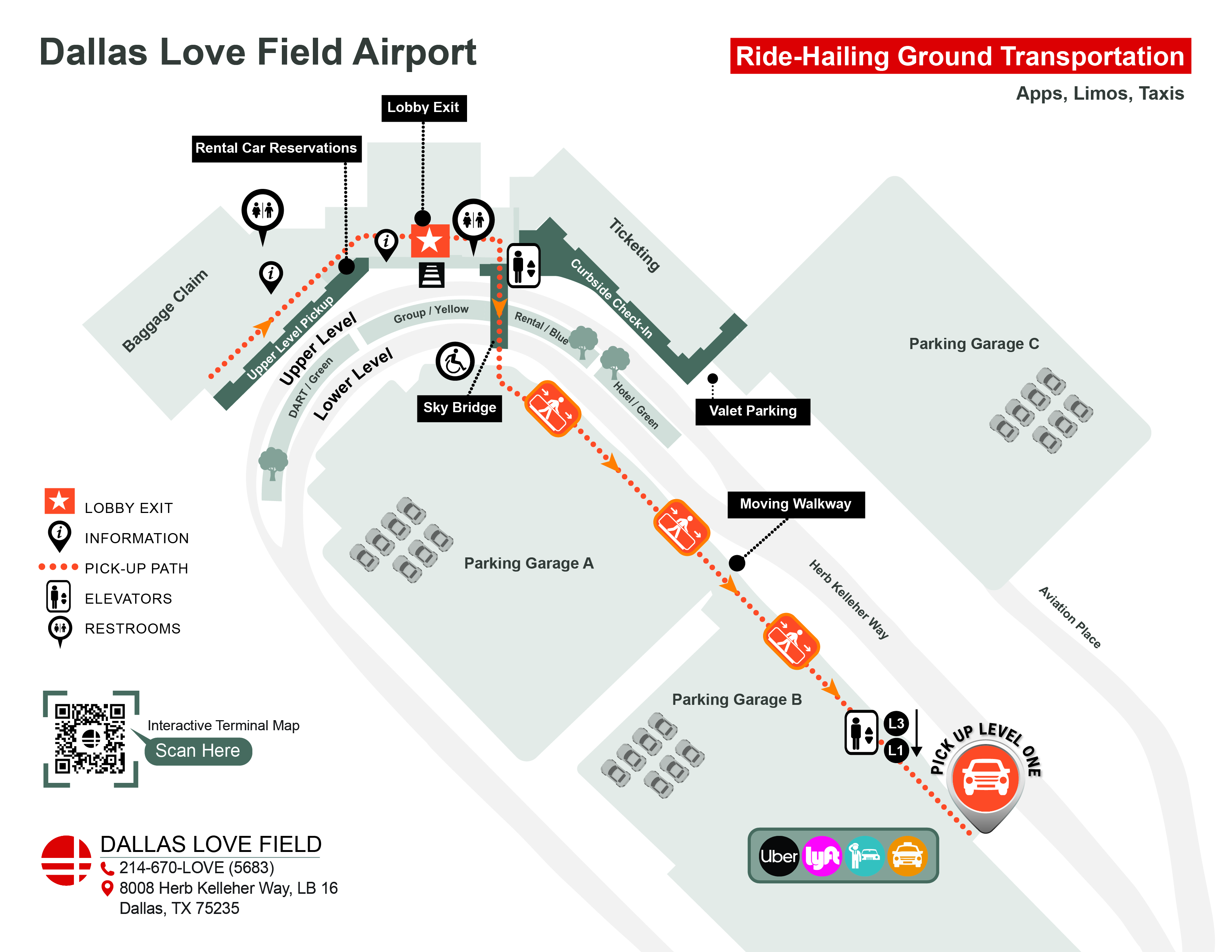 Um mapa indicando onde fazer o embarque de passageiros no aeroporto DAL.