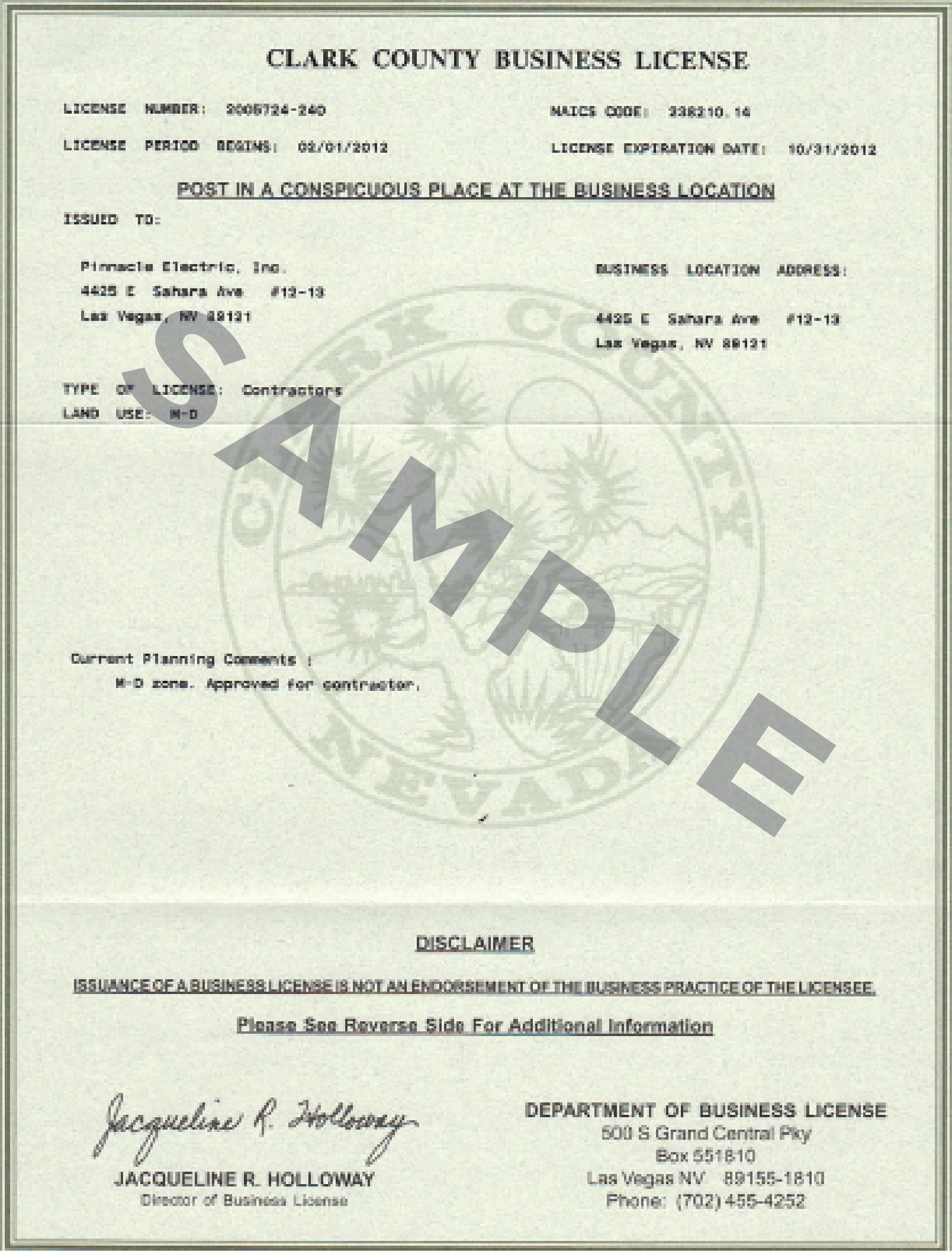 This image shows an example of a Clark County Business License