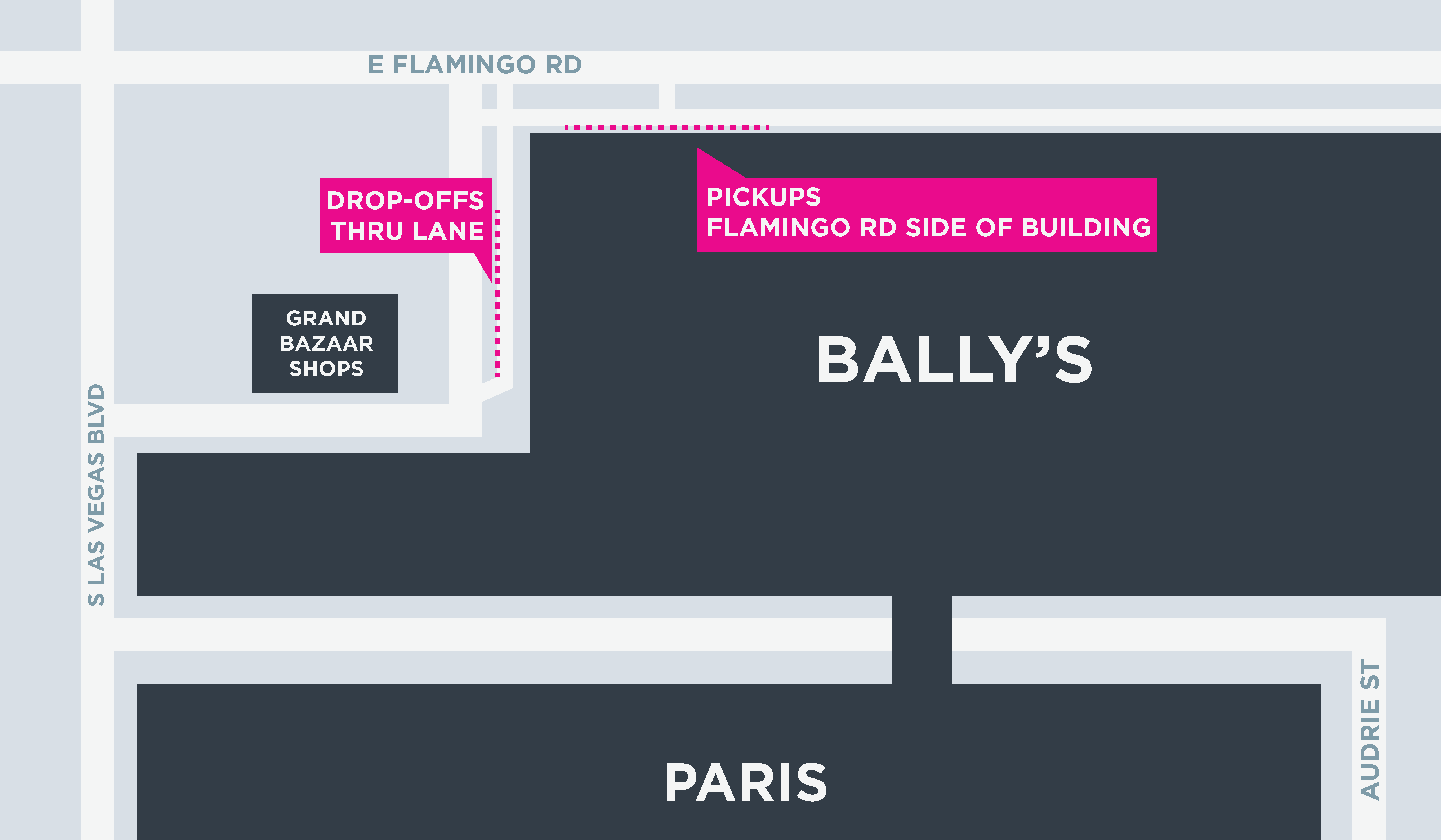 Esta imagen muestra un mapa de Bally's, incluidas las áreas para recoger y dejar pasajeros.