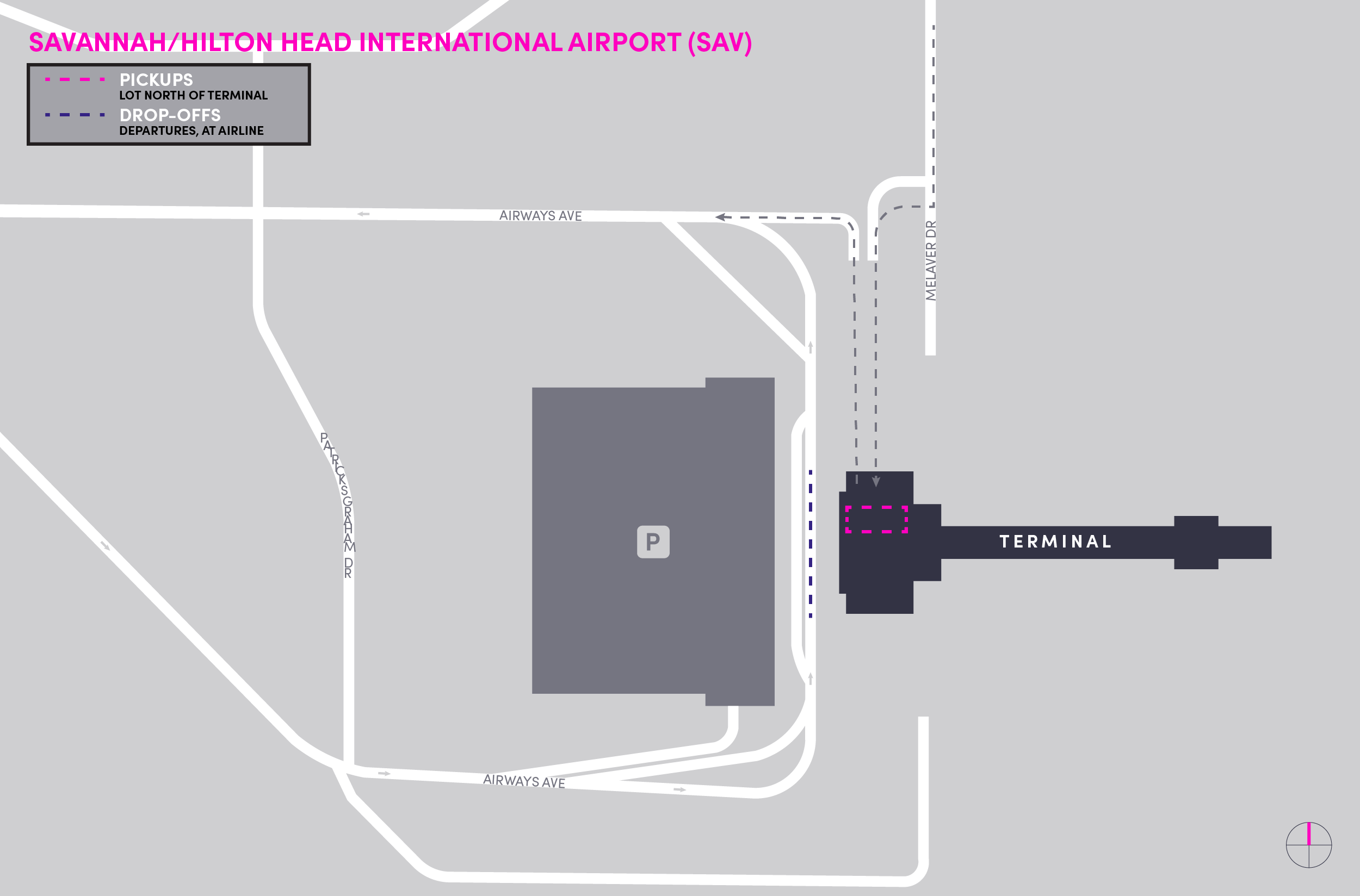 Esta imagen es un mapa del aeropuerto de SAV. Incluye el área de espera, y las zonas para recoger y dejar pasajeros.