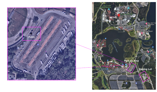 Mapa das áreas de espera e locais de embarque/desembarque no Disney's Magic Kingdom.