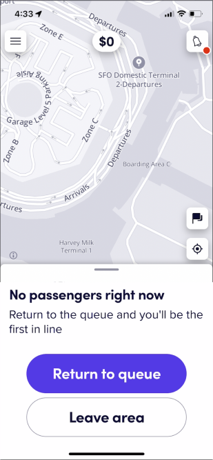 Captura de pantalla que muestra a los conductores cuándo regresar a la fila si no reciben un viaje despachado.
