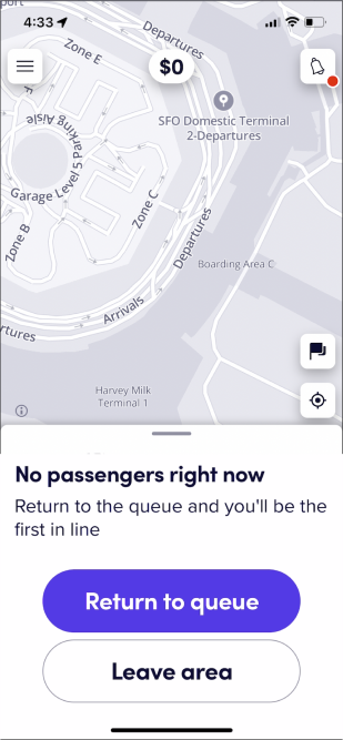 Capture d'écran montrant aux chauffeurs quand retourner dans la file d'attente si on ne leur attribue pas de course.