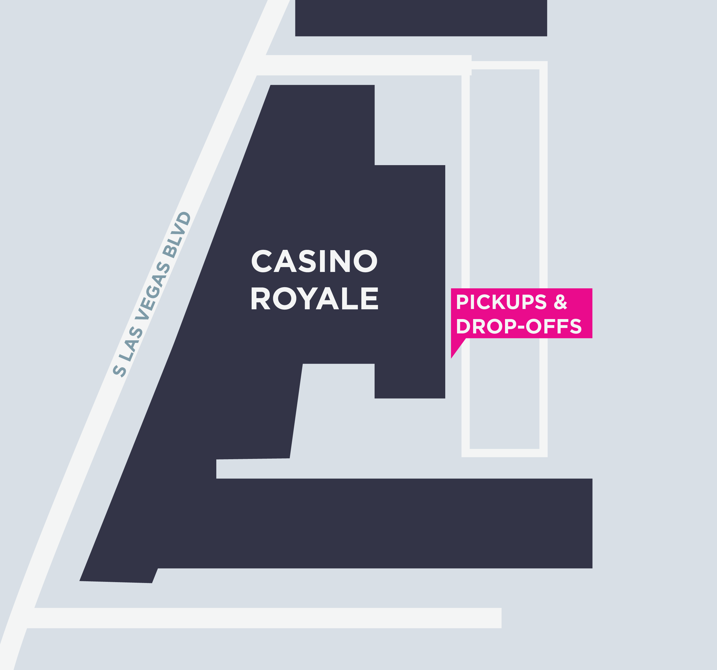 Carte du Casino Royale, y compris les zones de départ et d'arrivée.