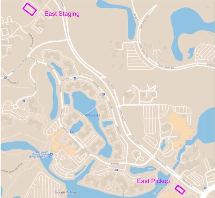 Mapa do local de espera Leste na Disney Springs.