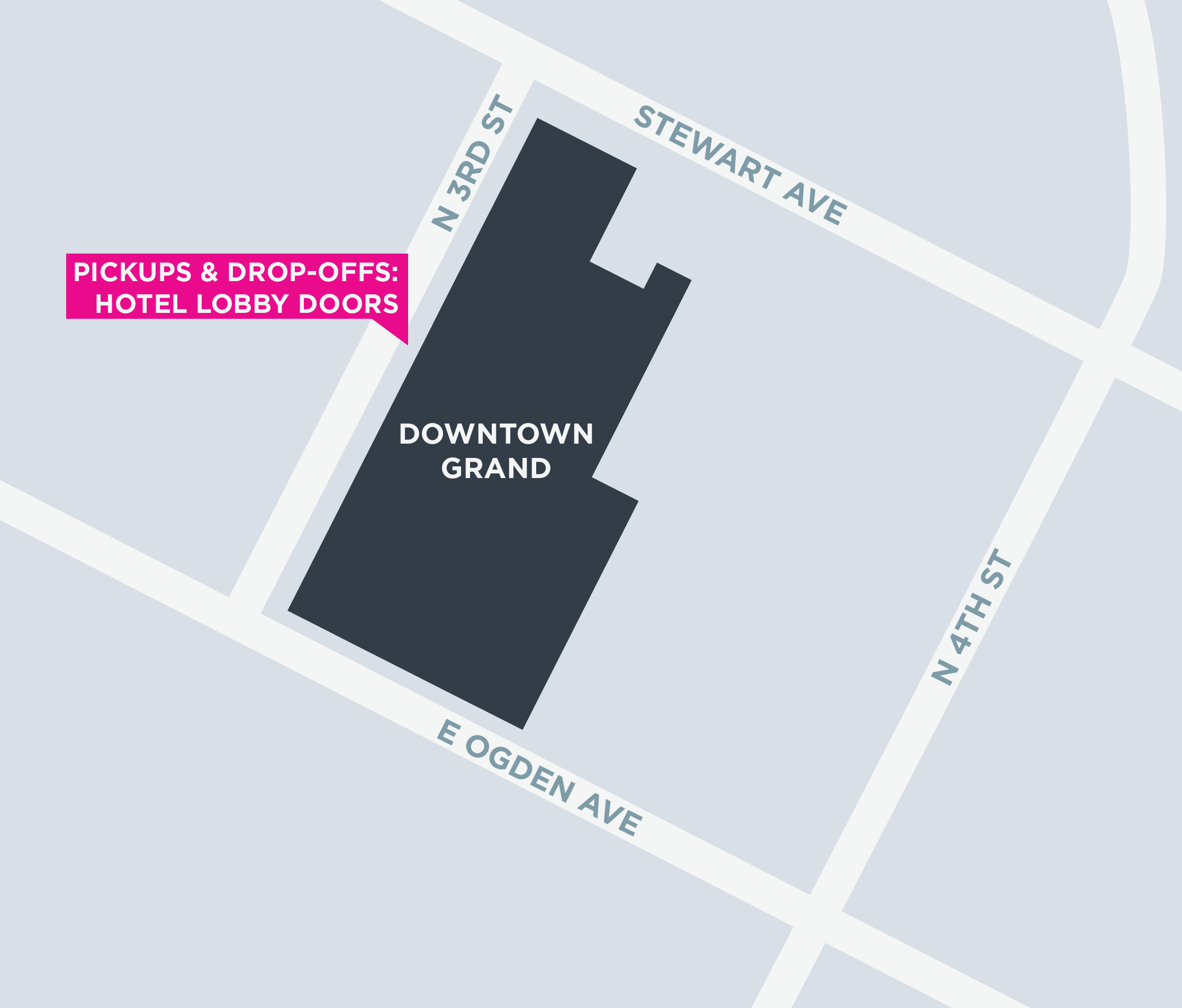 Esta imagem mostra um mapa do Downtown Grand, incluindo pontos de encontro e áreas de desembarque.