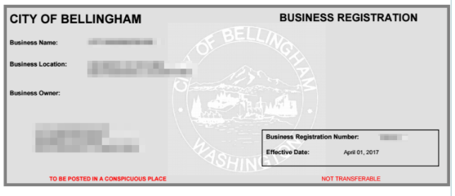 Ejemplo de licencia de actividad comercial para la ciudad de Bellingham, WA (BLI).