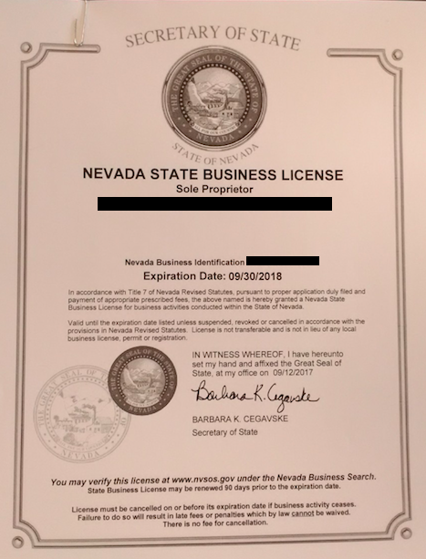 Esta imagen muestra un ejemplo de una licencia de actividad comercial del estado de Nevada