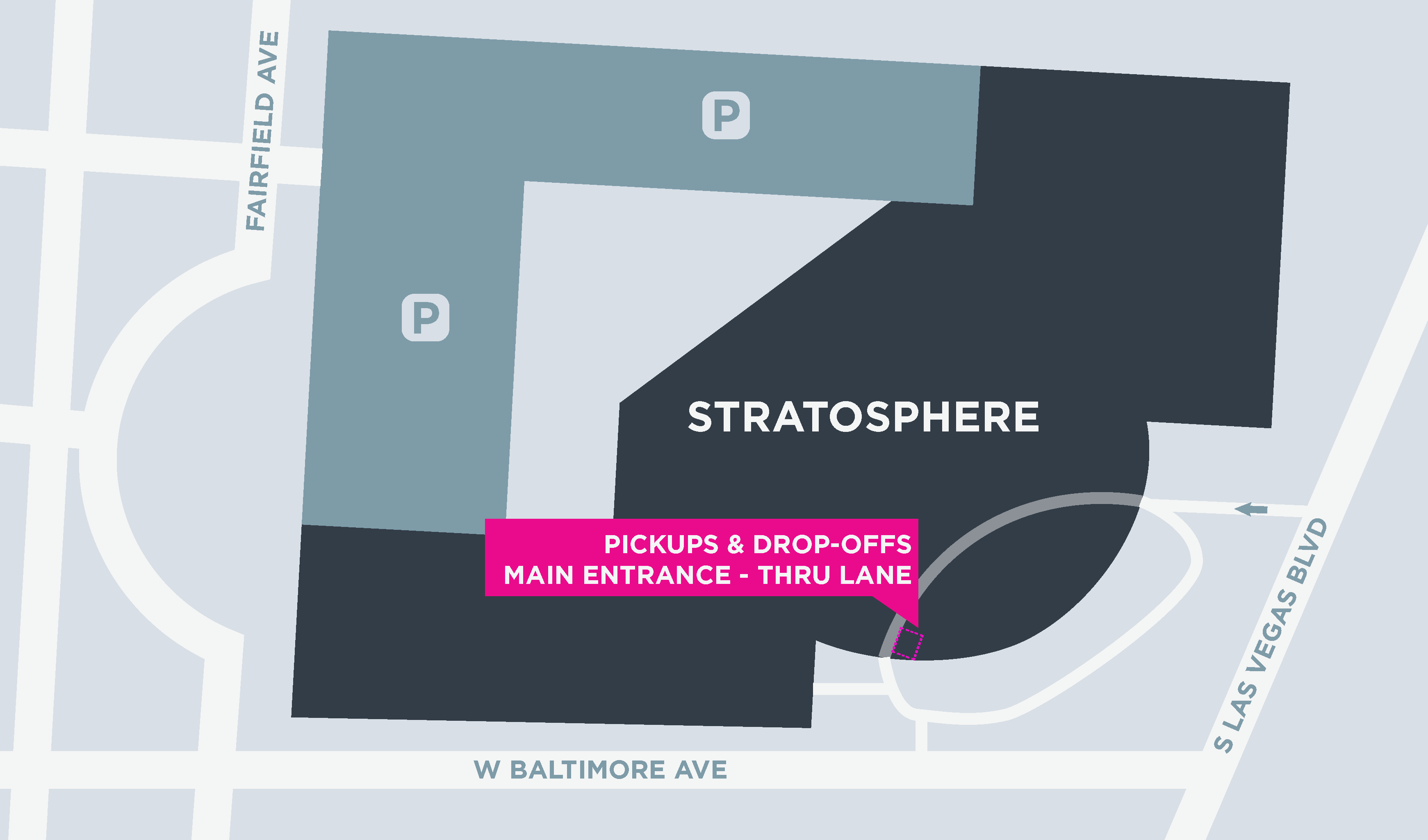 This image shows a map of the Stratosphere, including pickup and dropoff areas.