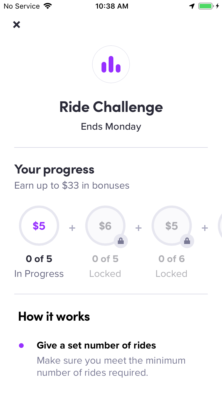 Shows an example of a tiered Ride challenge in the Earnings tab