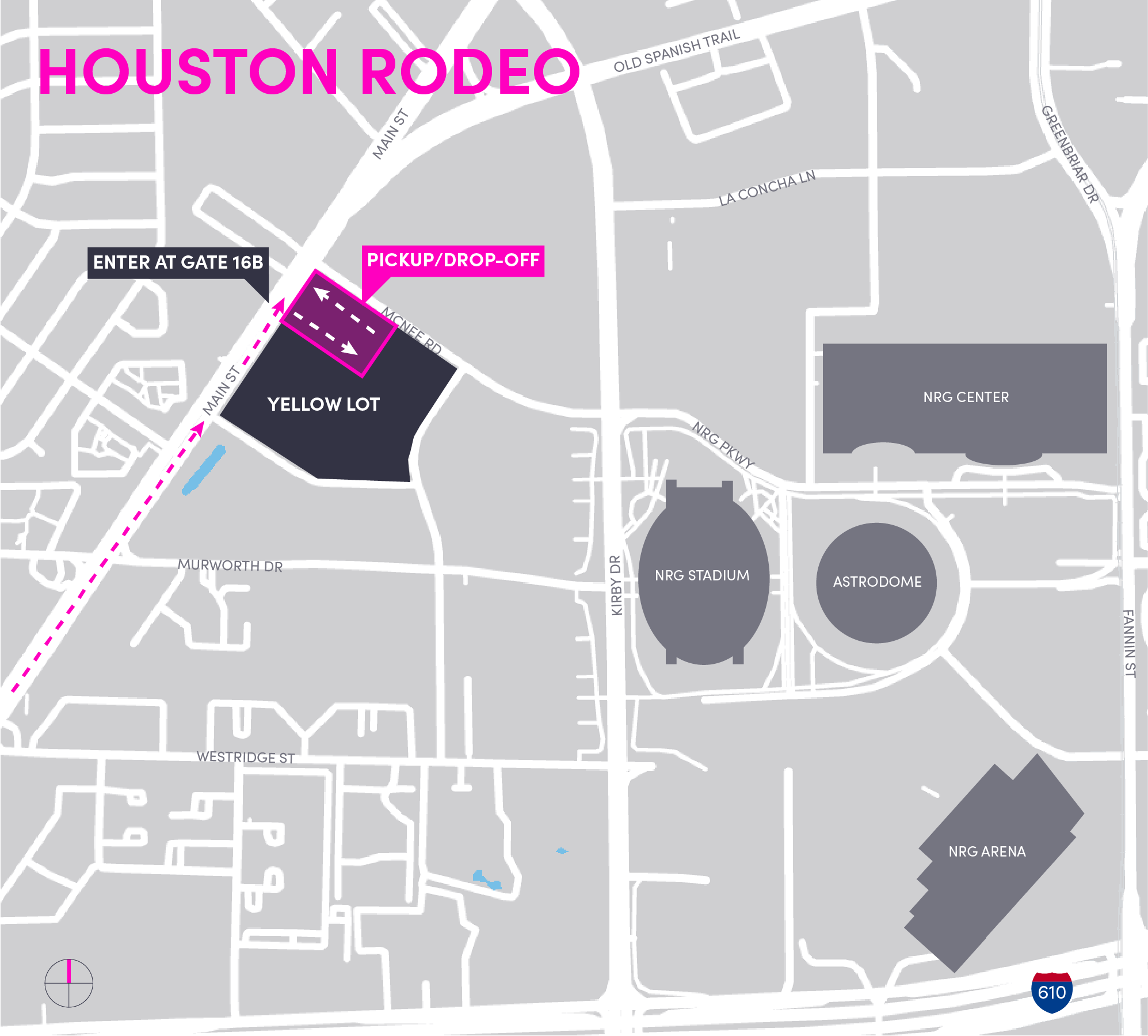 This is a map of the NRG Stadium for the Rodeo, showing pickup and dropoff area in the Yellow Lot.