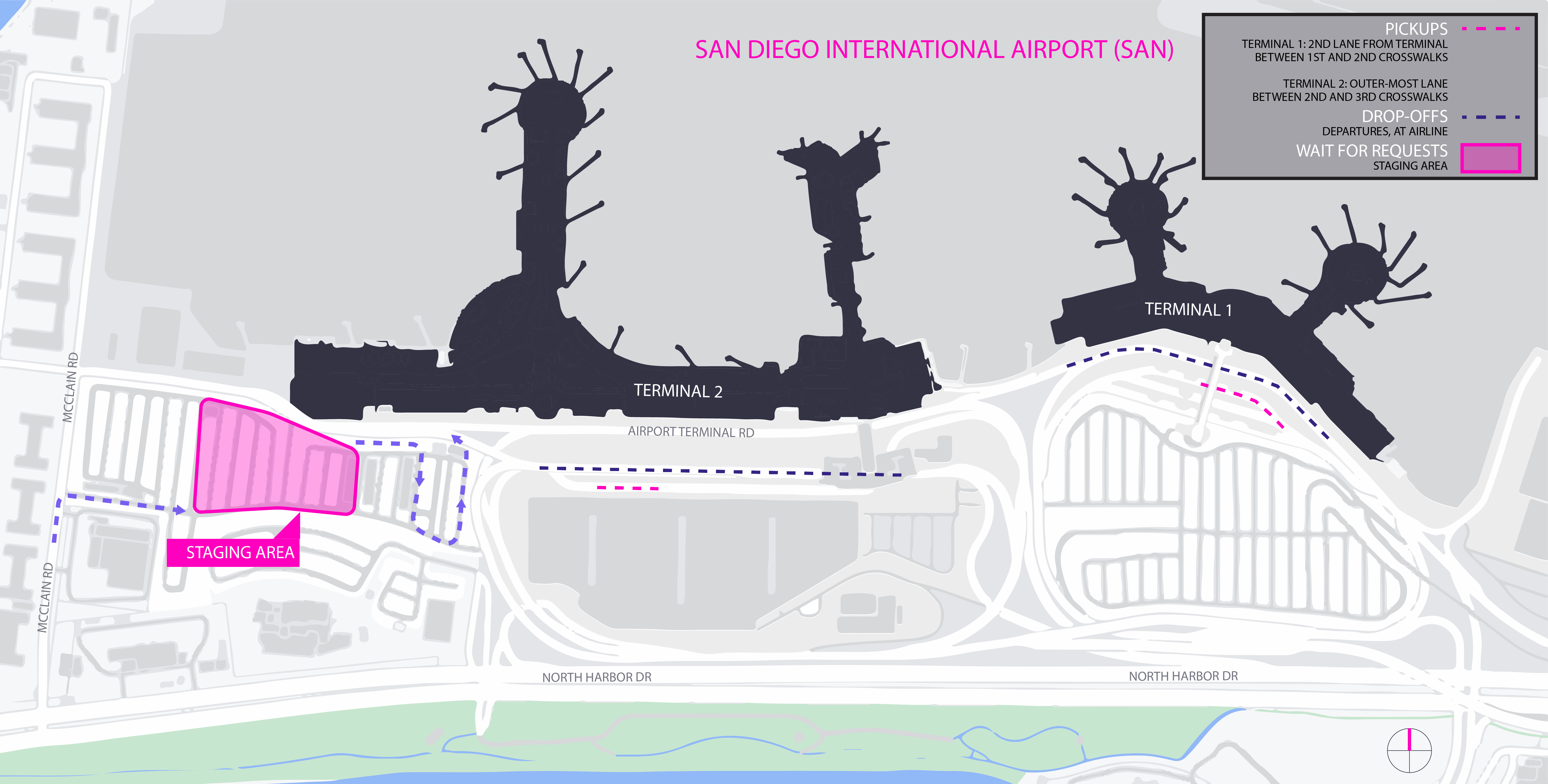 Esta imagem é um mapa do aeroporto SAN. Ela inclui o local de espera, ponto de encontro e áreas de desembarque.