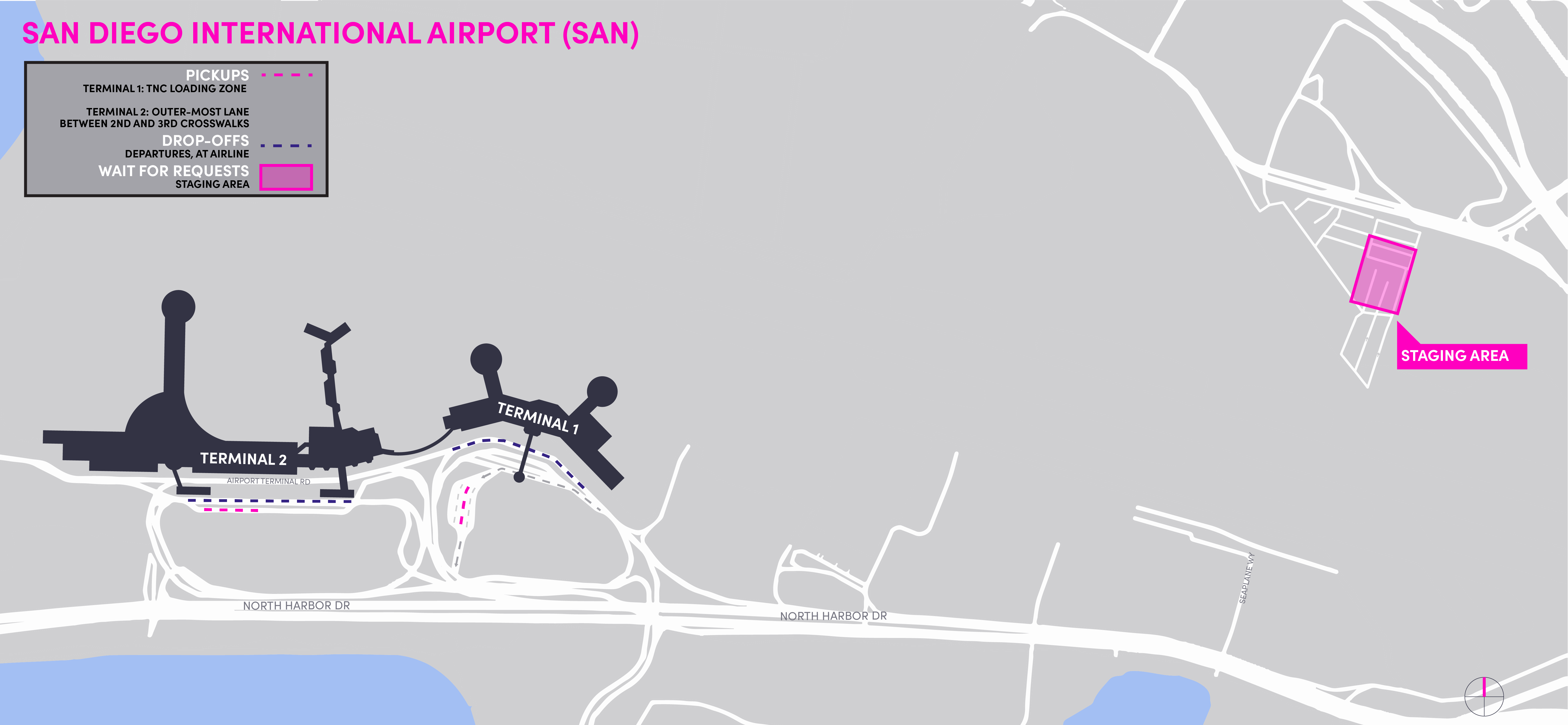 Map of the SAN airport. It includes staging lot, pickup, and drop-off areas.